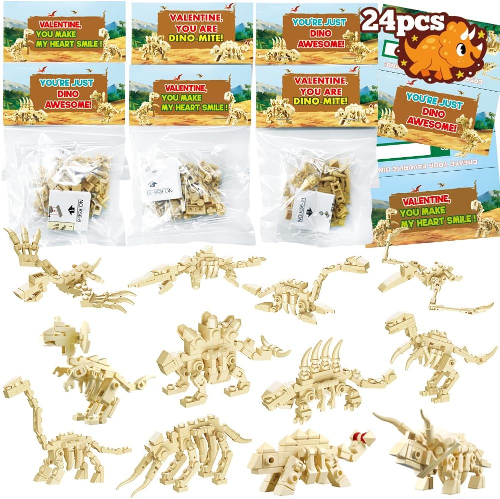WODMAZ 24 Packs Dinosaur Building Blocks for Easter Basket Stuffers, Easter Egg Hunt, Valentines Party Favors, Valentines Easter Gifts for Kids Boys Girls