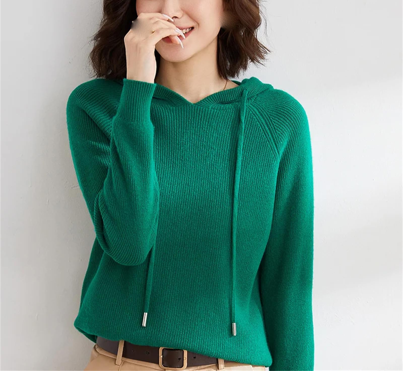 Pullover da donna con cappuccio lavorato a maglia maglione in cashmere primaverile con cappuccio da donna a maniche lunghe in cashmere con cappuccio, Caffè Marrone Grigio, M