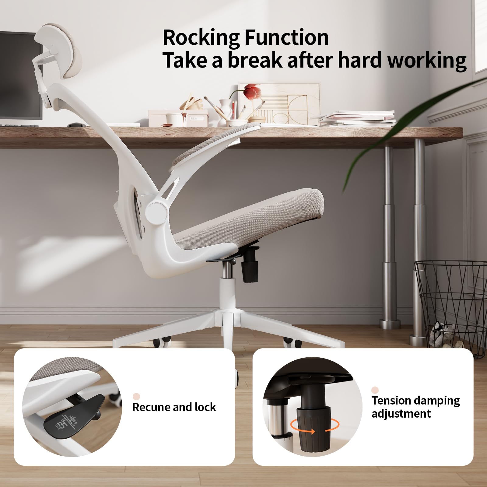 Monhey Sedia da ufficio ergonomica da scrivania, con supporto lombare, poggiatesta e braccioli ribaltabili, regolabile in altezza, con schienale alto, sedia per computer, sedia da studio in rete color