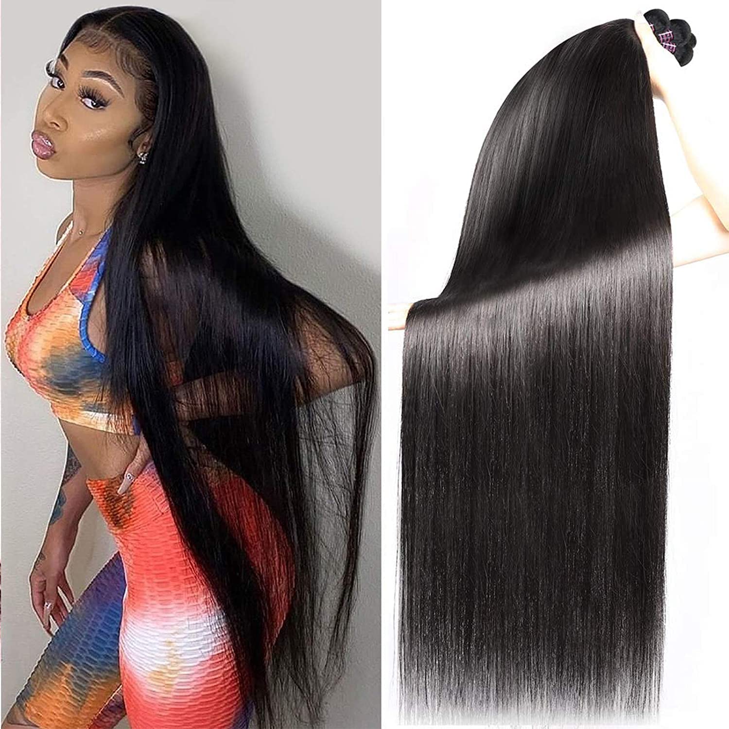 10A Grade Brazilian 3 Bunldes Long Silky Straight Human Hair Bundles (40 40 40 inch) for Black Women MSGEM 100% Unprocessed Brazilian Virgin Human Hair Straight Weaves Bundles Extensions