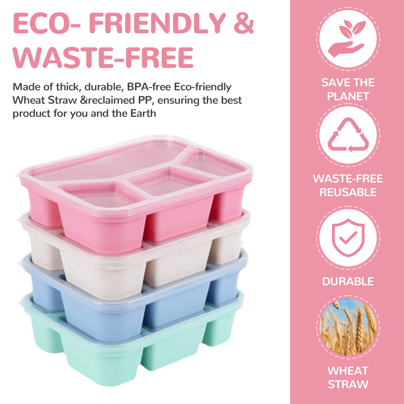 Zestaw pudełek na przekąski, 4-pak pudełka na lunch z łyżeczką i widelcem, 5 przegródek, bez BPA, wielokrotnego użytku, przeznaczone do kontroli porcji, do szkoły i na wynos. Kompaktowe