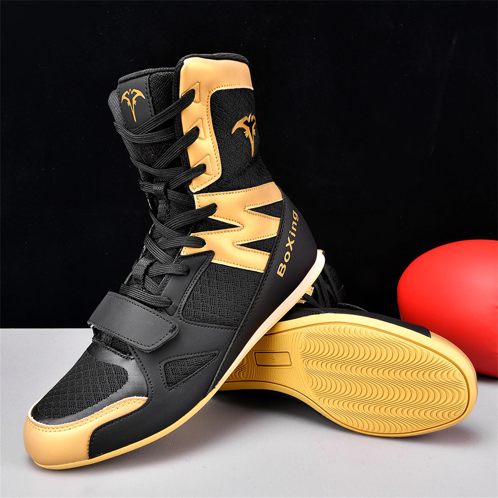 Zapatillas Boxeo Hombre Zapatillas Lucha Libre Profesional Caña Alta | Malla transpirable Correa en el tobillo Suelas antideslizantes Ligero Artes marciales Combate Entrenamiento físico