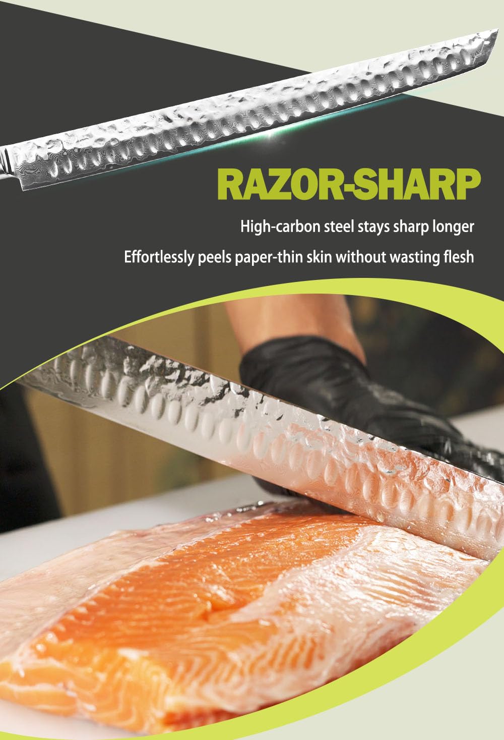 YOUSUNLONG Ultimatives Sakimaru-Messer 15 Zoll (380 mm) japanisches Filetmesser aus Damaszenerstahl Geeignet zum Schneiden von Thunfisch und Lachs-Natürlicher Ebenholzgriff mit Lederscheide