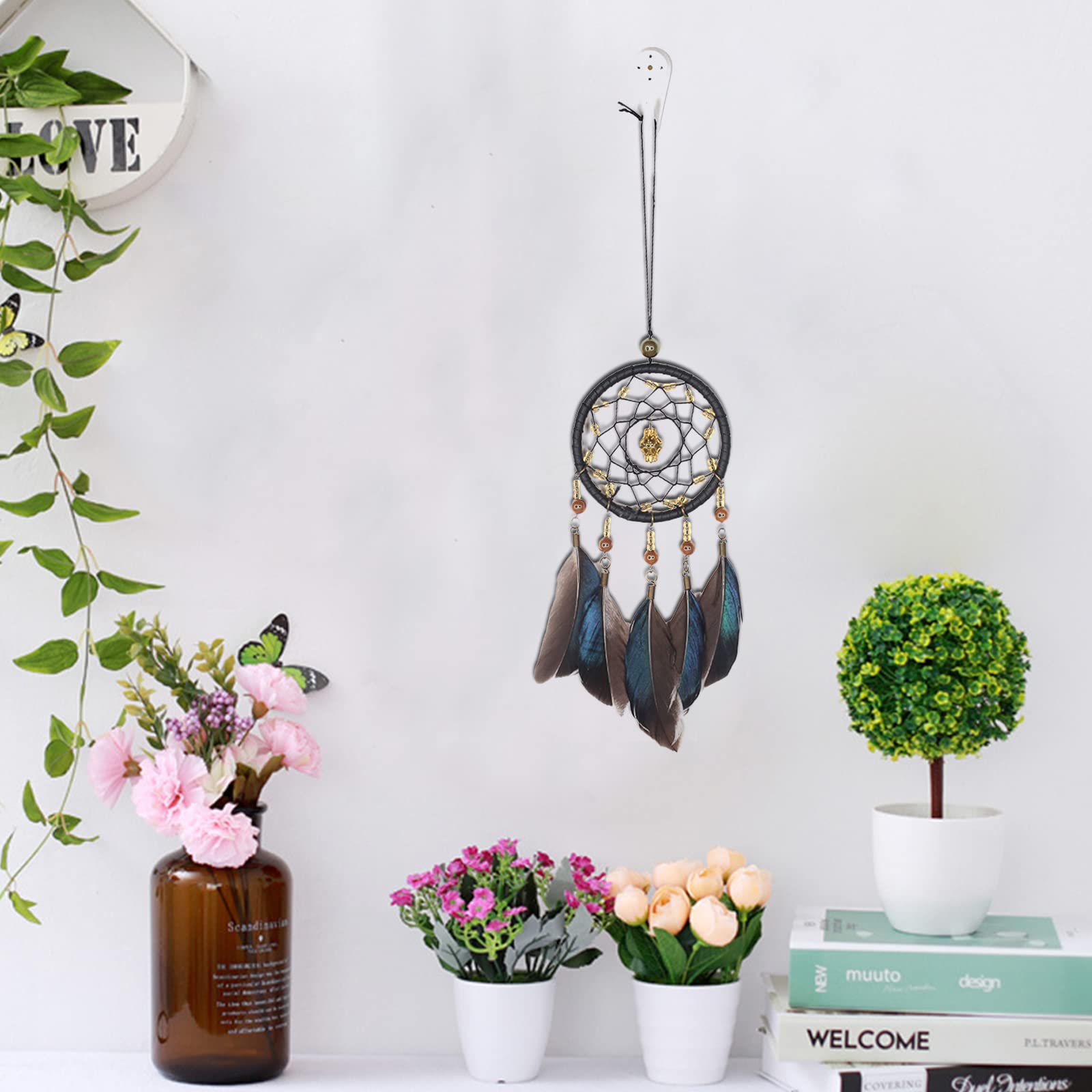 Atrapasueños Tejido a Mano con Plumas Negro para Decoración del Hogar