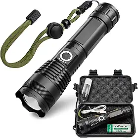 Lanterna Led Recarregável 1000 Lúmens XHP 50 | Lanterna Tática Recarregável丨Zoom Ajustável Longo Alcance | Power Bank | IPX7 À Prova D’Água | Modos Múltiplos | Milita, Camping, Caça, Pesca