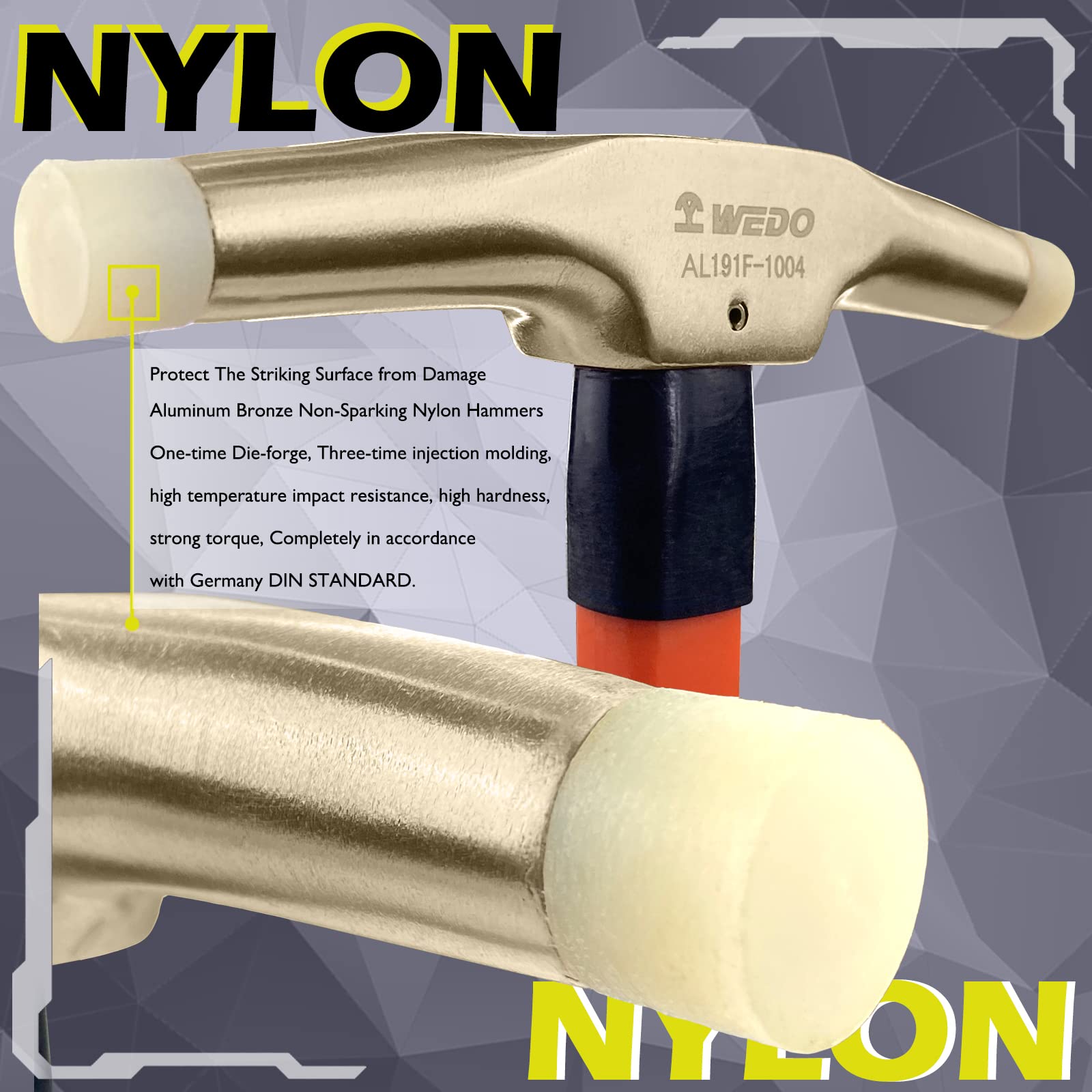 WEDO Martillo de Nylon con Mango de Madera,Sin Chispas,Bronce de Aluminio,Cabeza 420 g,Martillo de Tapicería,280 mm,Mango de Fibra Vidrio,Certificación BAM