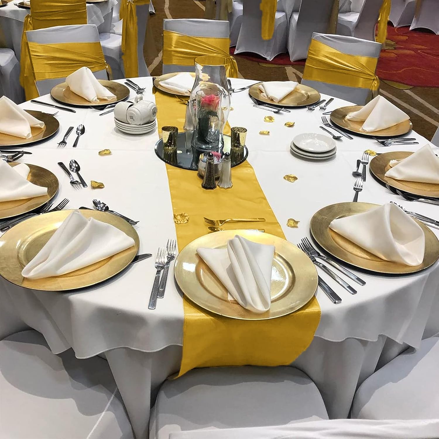 Pesonlook 15 Pack Gold Satin Table Runners 12 x 108 Inch Long Table Runners for Rectangle Round Tables, Smooth Satin Table Runner for Wedding, Birthday Party Banquets Decoration