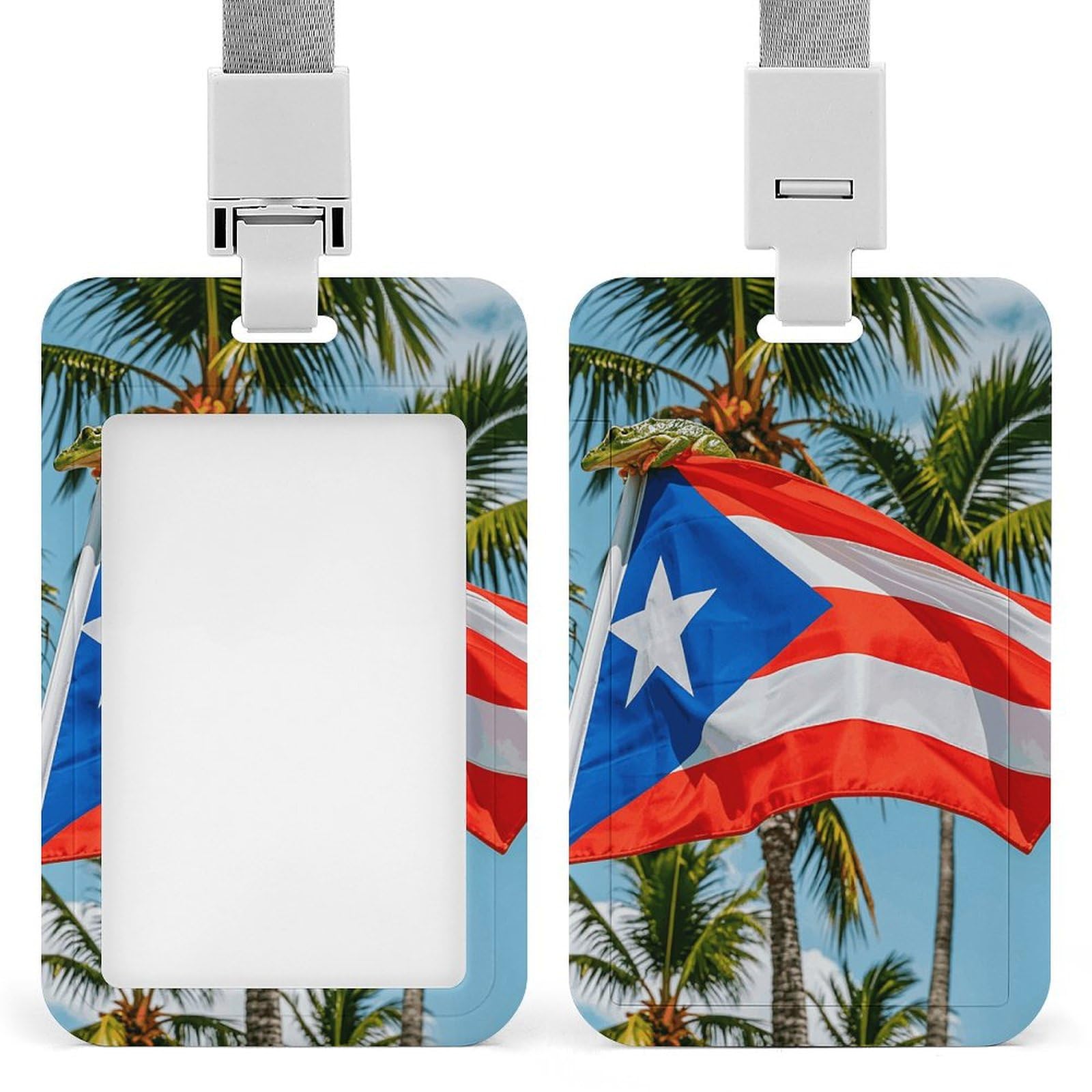 Badge Holder for Work Card Id Badge Holder with Lanyard Badge Reel Card Holder Keychain Puerto Rico Flags Frog Palm Trees Badge Protector for Offices
