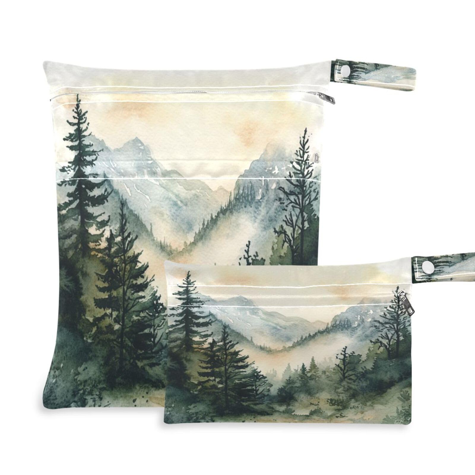 ATTX Watercolour Mountains Wet Dry Bags 2-Pack - Reusable Cloth Diaper Storage for Travel, Beach & Gym | Multi-Use Waterproof Bags for Swimsuits, Baby Clothes, Sports Gear#89