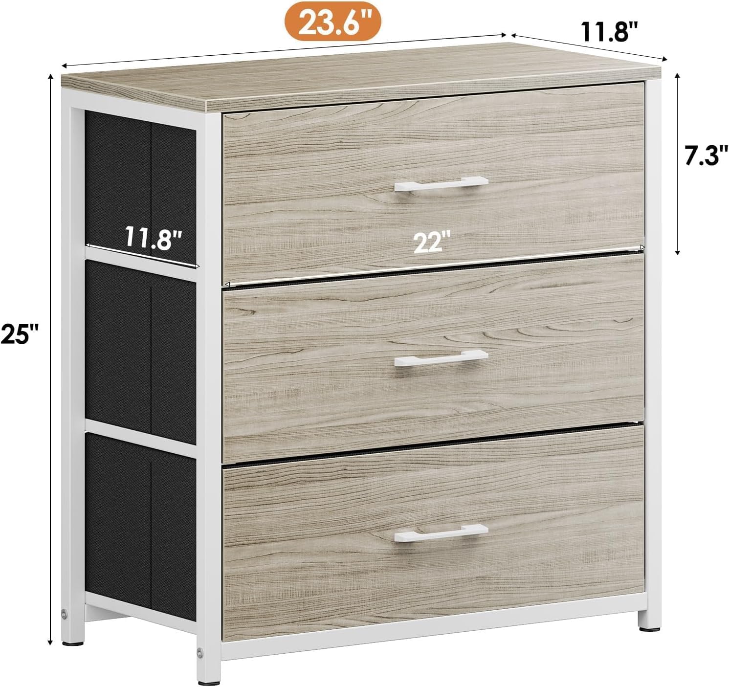 Nightstand, End Table, Bedside Table, Tall Fabric Dresser with 3 Drawer, White Drawers Small Chests of Drawers Organizer Storage Tower with Steel Frame, Wooden Top & Front for Bedroom