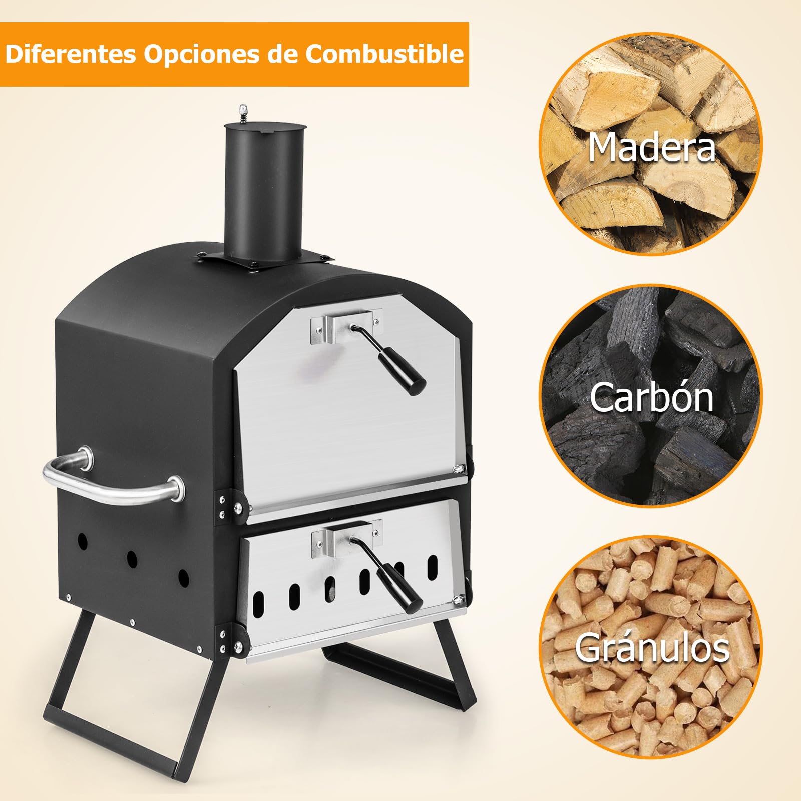 GOPLUS Horno de Pizza al Aire Libre con 31cm de Piedra, Calentador de Pizza con 2 Niveles y Patas Plegables, Horno de Pizza de Acero Inoxidable para Barbacoa, Horno de Leña Carbón Hasta 605ºC