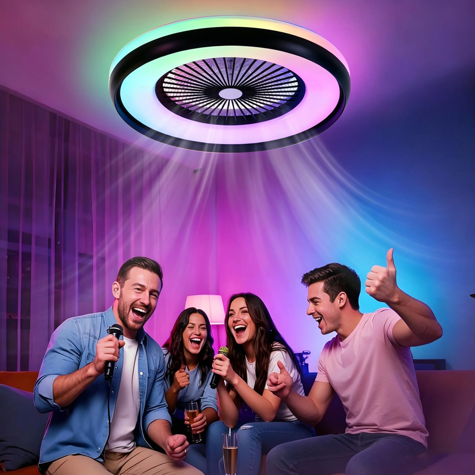 ZOMLBOF 48cm Quiet Fan with 6 Speeds,Alexa Compatible Google Assistant,Reversible,Timer RGB Ceiling Fan Light, Dimmable Smart Black Fan Lamp with Memory,APP and Remote,for Bedrooms,Studies Game Rooms