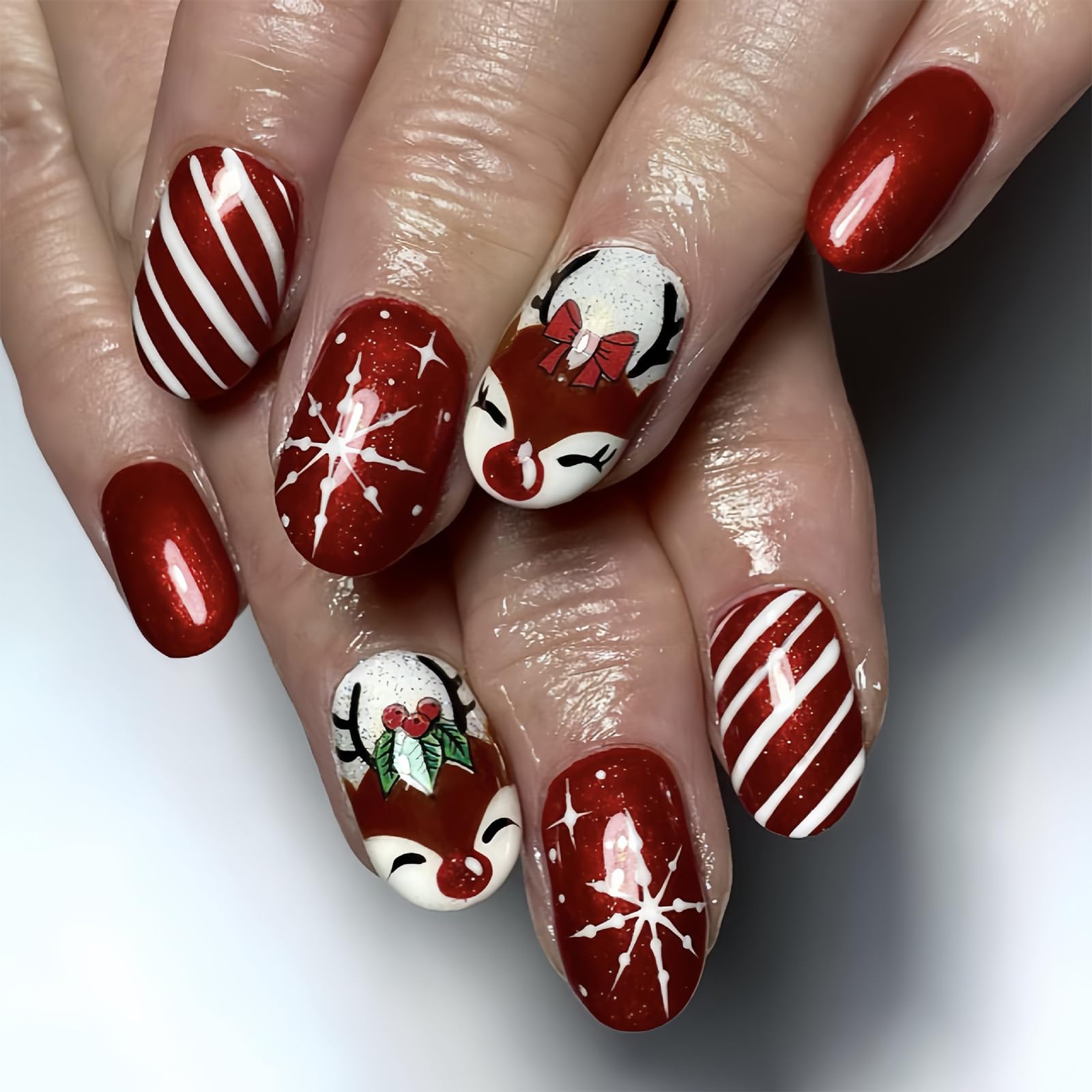 LBPEPAMZ Christmas Press on Nails Short Almond Fake Nails Cute Elk White Snowflake Acrylic Nails False Nails Wine Red Solid Colorful Full Cover Glossy