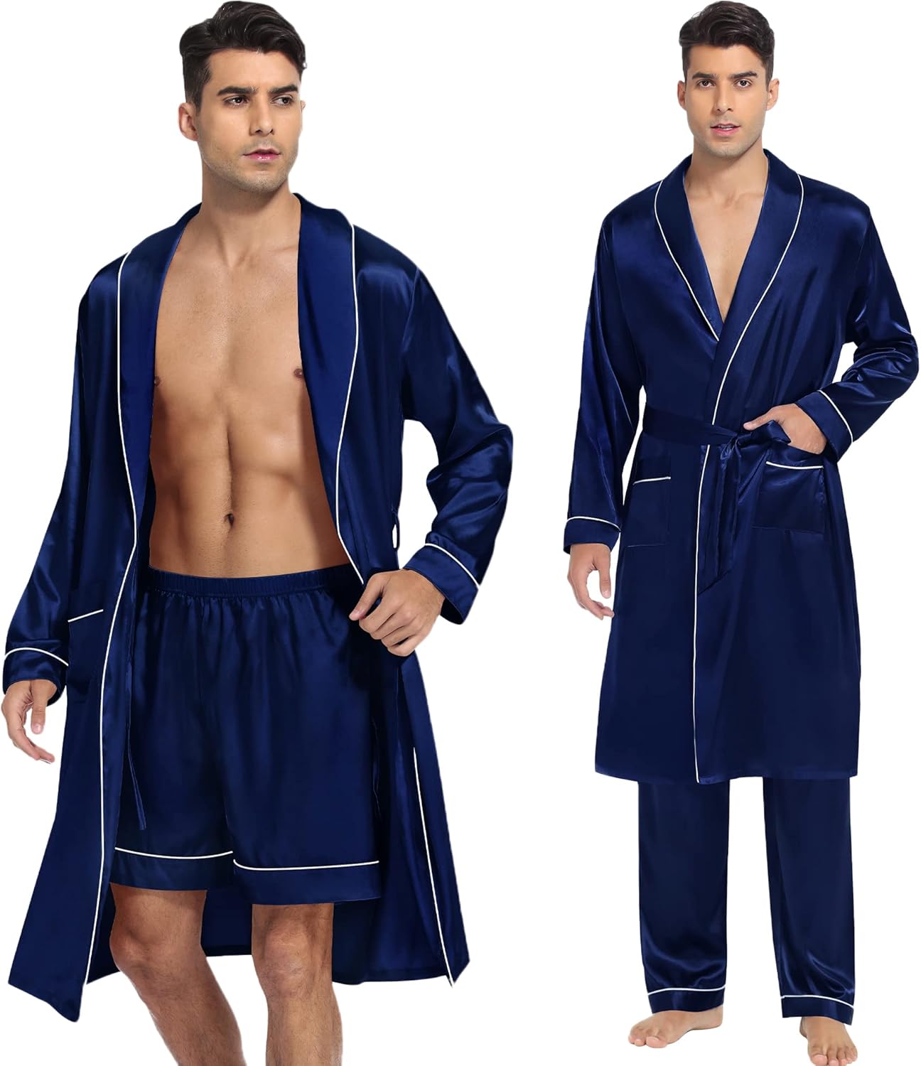 SWOMOG Men's Satin Robe 3 Pcs Silky Kimono Bathrobe Set Lightweight Soft Loungewear Nightwear