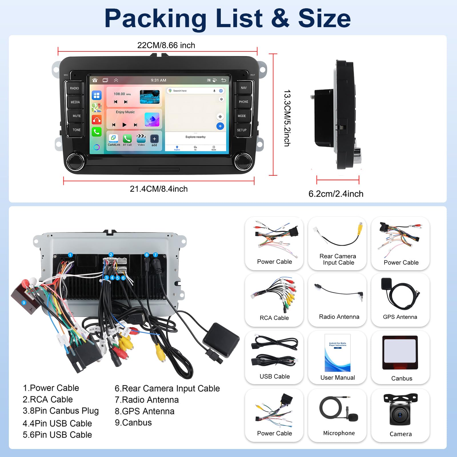 Android 15, 6G+128G 8Core GOHHDL Autoradio 2Din Navi für VW Golf 5 6 Polo Touran, 7 Zoll Auto Bildschirm Touch Radio mit GPS Navi WiFi Bluetooth FM/RDS Radio EQ SWC Rückfahrkamera&MIC