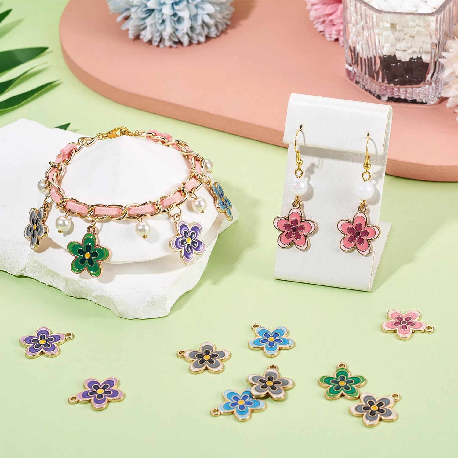 Craftdady Flower Charms Pendants Mini Flower Bracelet Keychain Charms Alloy Enamel Metal Necklace Pendants for DIY Craft Earring Jewelry Making image 4