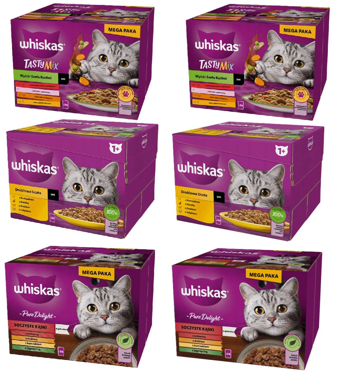 Whiskas Adult mix smaków mokra karma dla kota Tasty Mix Wybór Szefa Kuchni w sosie, Drobiowa uczta w sosie i Pure Delight w galaretce 144x85g