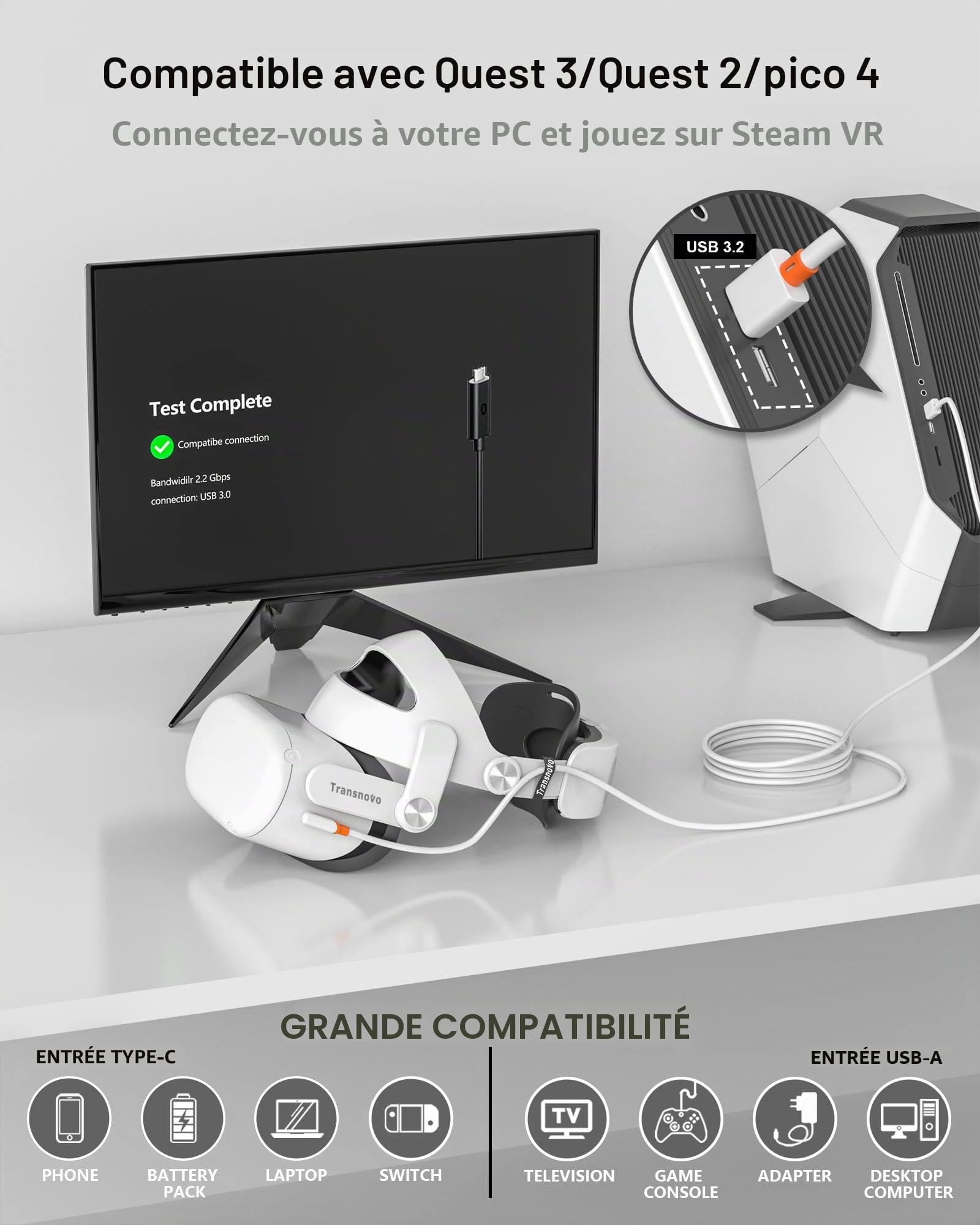 TRANSNOVO Câble Link USB 3.2 A vers C, 5M Compatible avec Meta Quest 3/2/Pico 4 et PC/Steam VR Accessoire, 5Gbps Haute Vitesse de Transmission de Données pour Casques de Réalité Virtuelle（Orange）