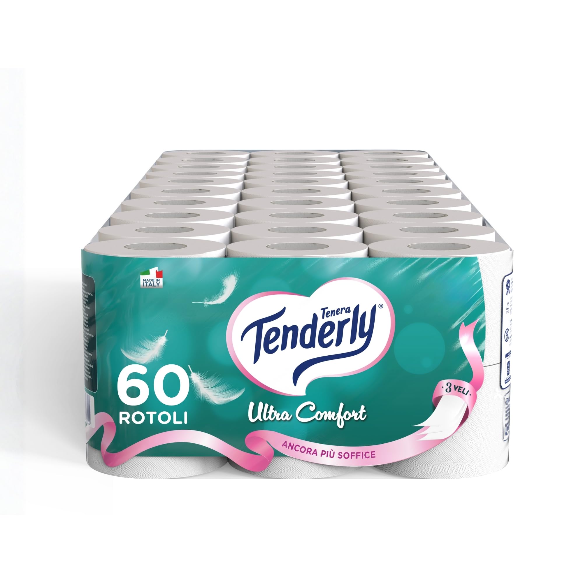 Tenderly Ultra Comfort, 56 rollos de papel higiénico puro, 3 capas, 200 tiras por rollo, delicado con la piel, dermatológicamente probado