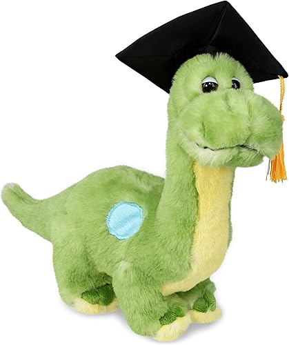 DolliBu Juguete de peluche de graduación de dinosaurio verde – Peluche de peluche súper suave con bata y gorra con traje de borla, regalo de