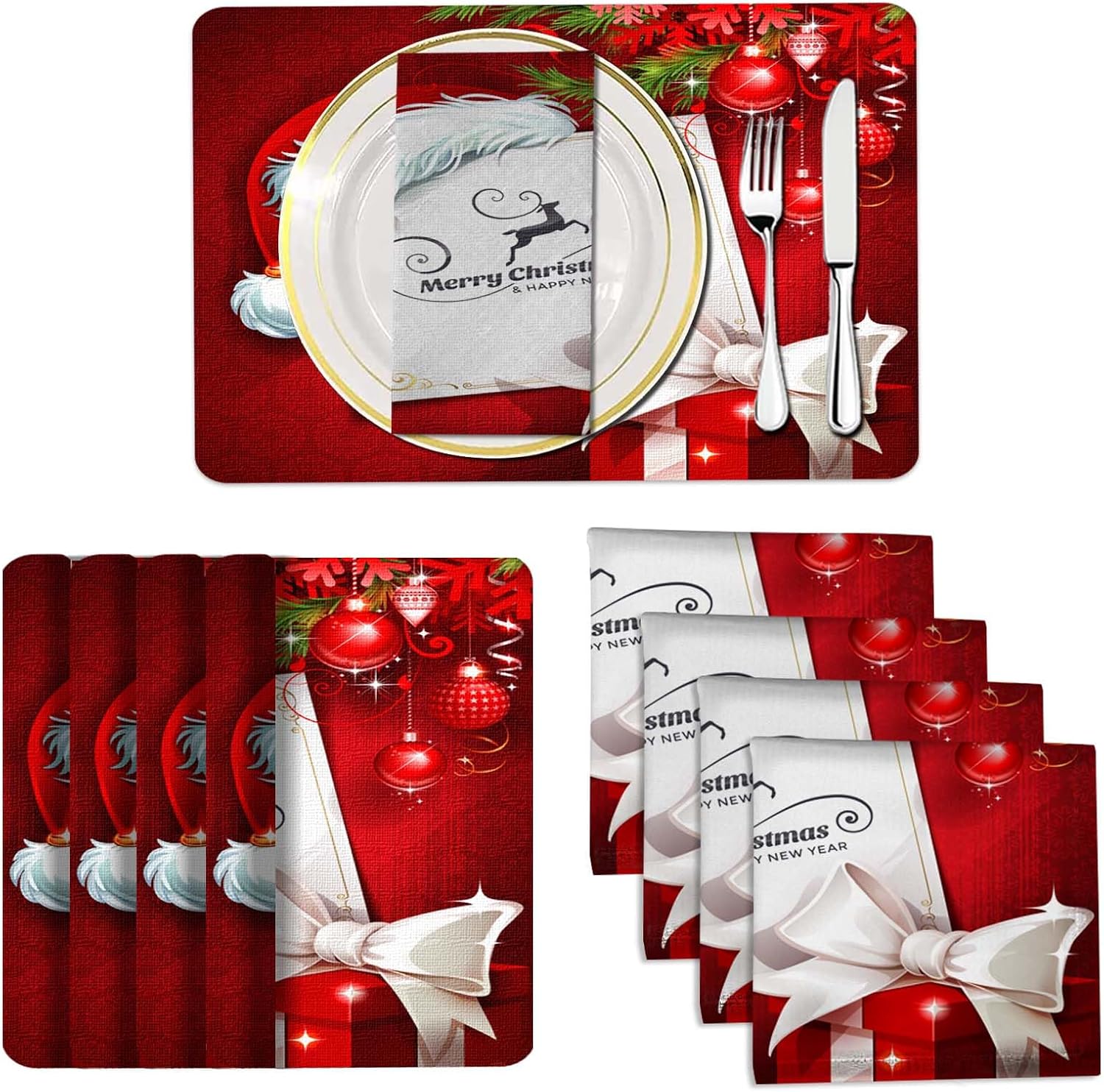 Mcalk Red Christmas Placemats and Cloth Napkins Set of 8