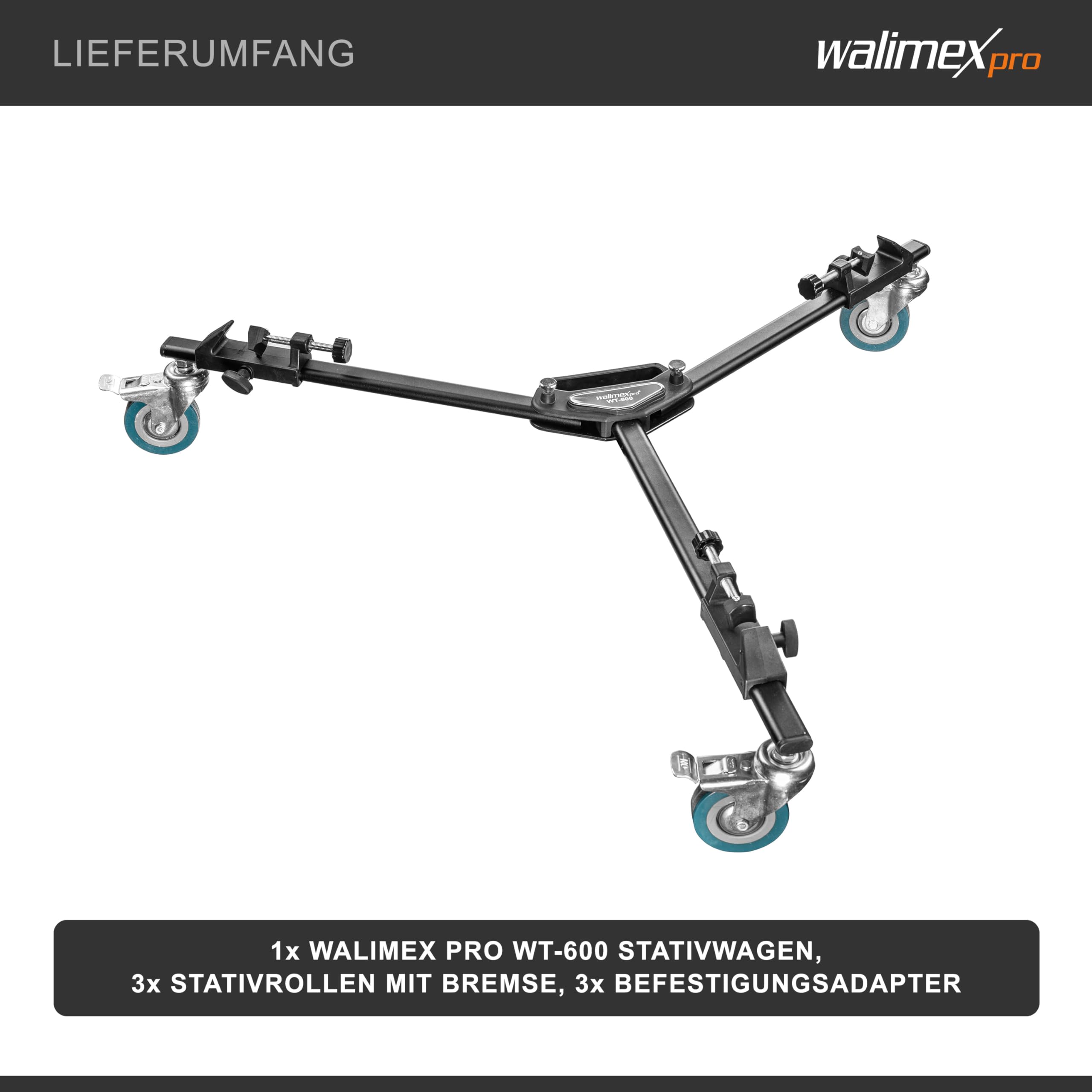 Walimex pro WT-600 Stativwagen für Dreibein- und Lampenstative, Transport Wagen Aluminium bis 10 kg Traglast, Stativ Zubehör für Studiofotografie