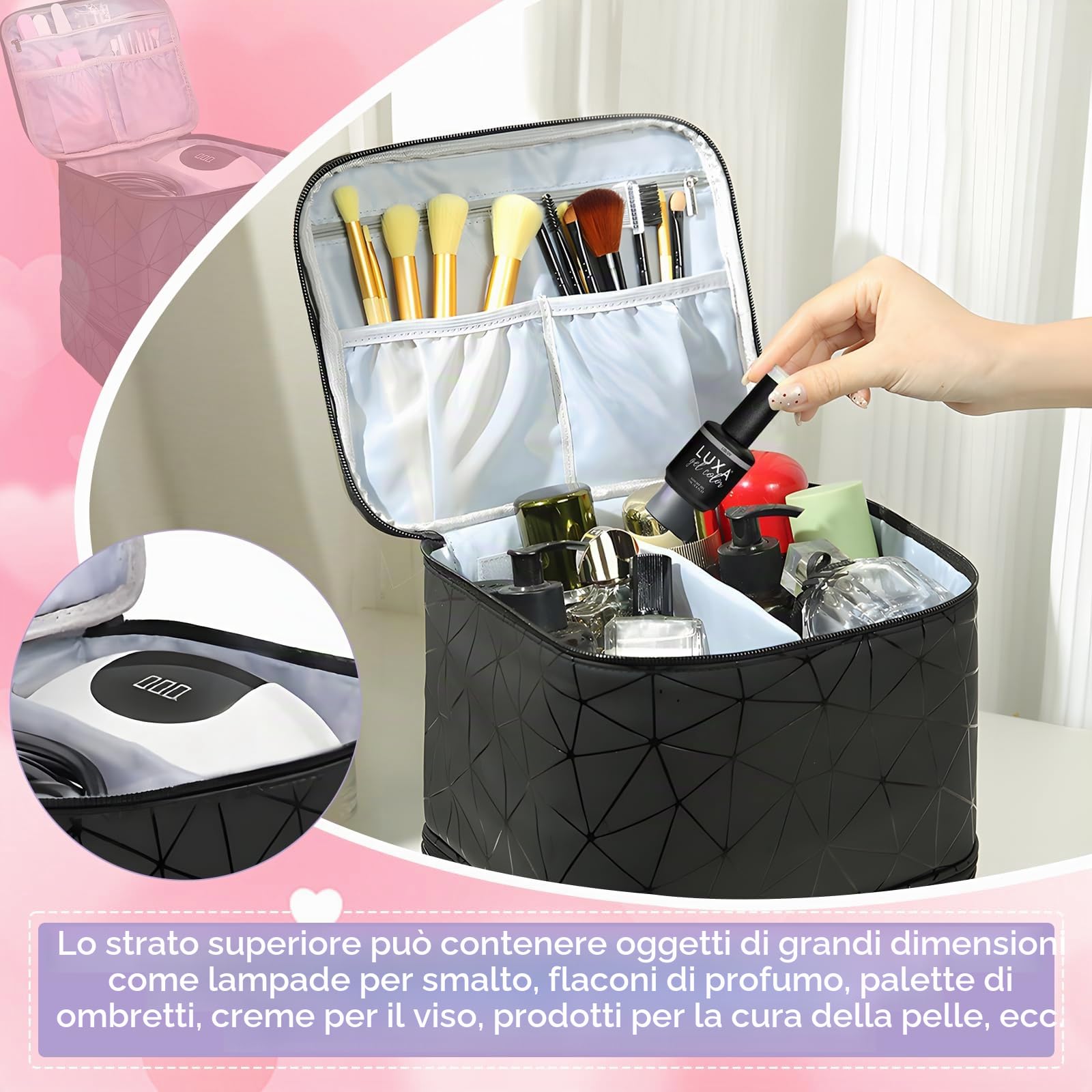 HA BIN Borsa Organizer Porta Smalti Professionale, per 30 Bottiglie e Lampada UV Custodia Impermeabile con Scomparti, Beauty Case da Viaggio Donna Ideale per Estetiste e Appassionati di Nail Art