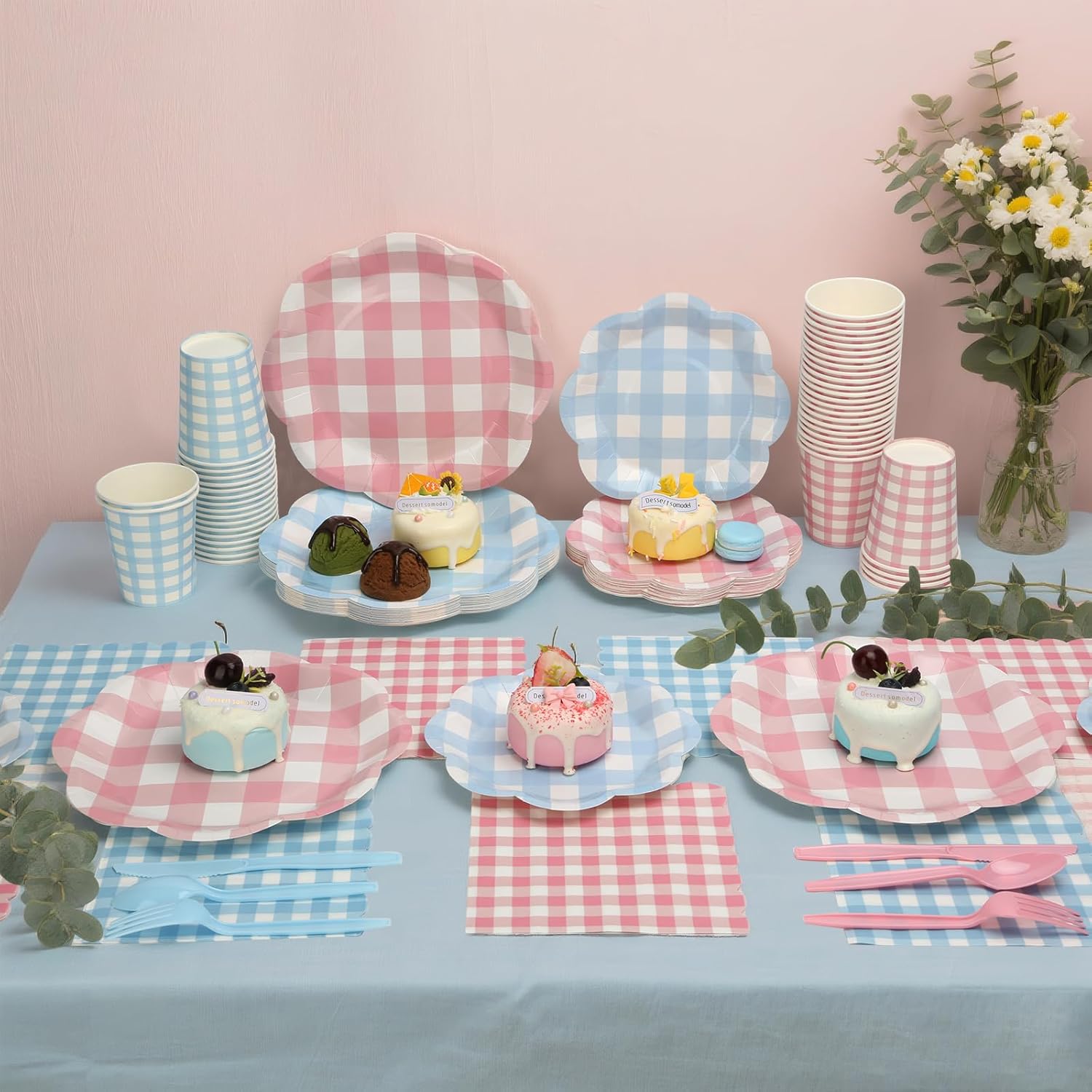 416 Pcs Gingham Party Supplies - For 52 Guests Blue/Pink Paper Plates And Napkins Knives Spoons Forks Cups - Disposable Checkered Dinner Party Set Cutlery - For BBQ Baby Shower Bridal Shower Wedding