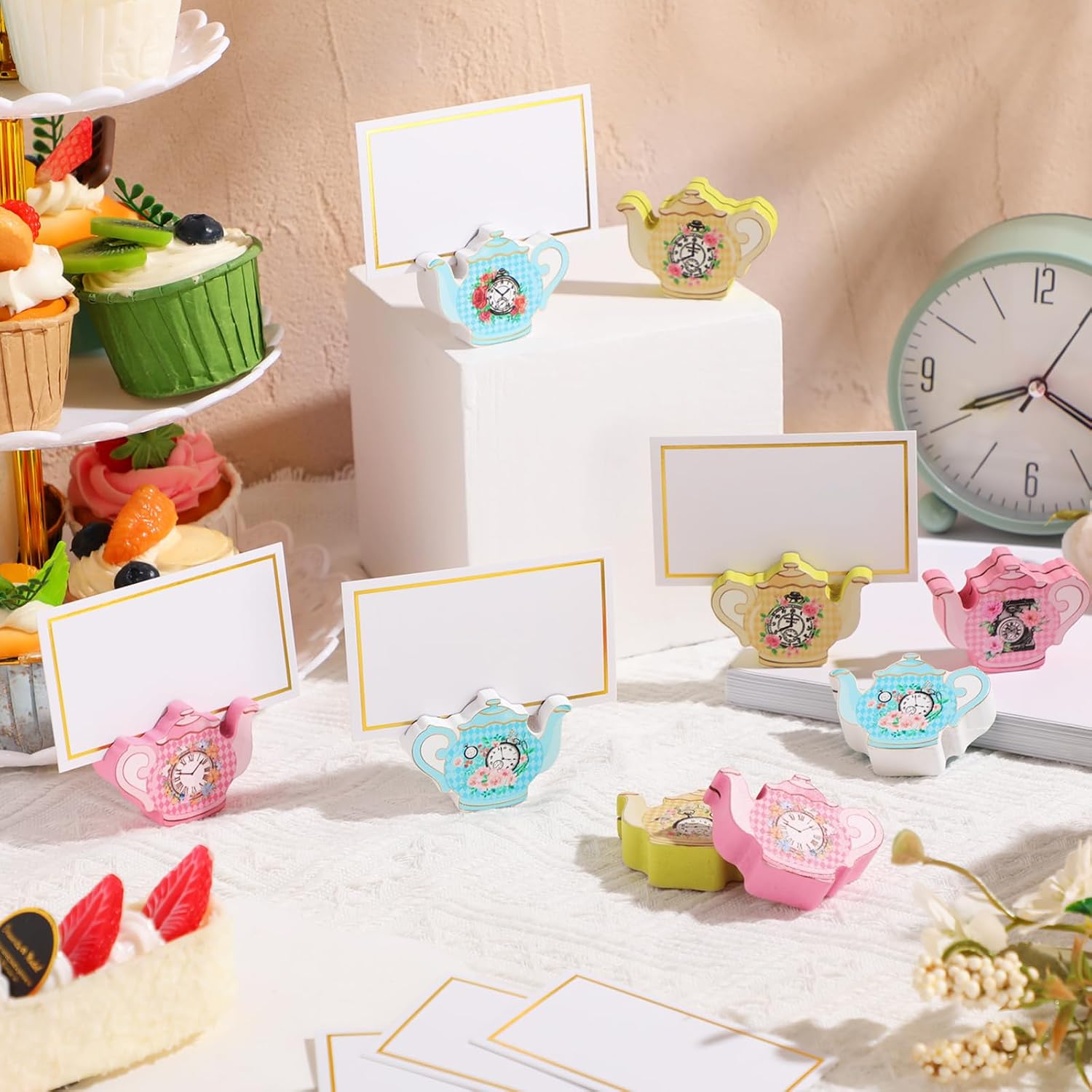 Kigley 18 Pcs Teapot Wooden Place Card Holder with 25 Pcs Gold Foil Card Tea Floral Party Wooden Table Sign Teapot Picture Number Sign Stands Holder for Wonderland Tea Party Baby Shower(Clock)
