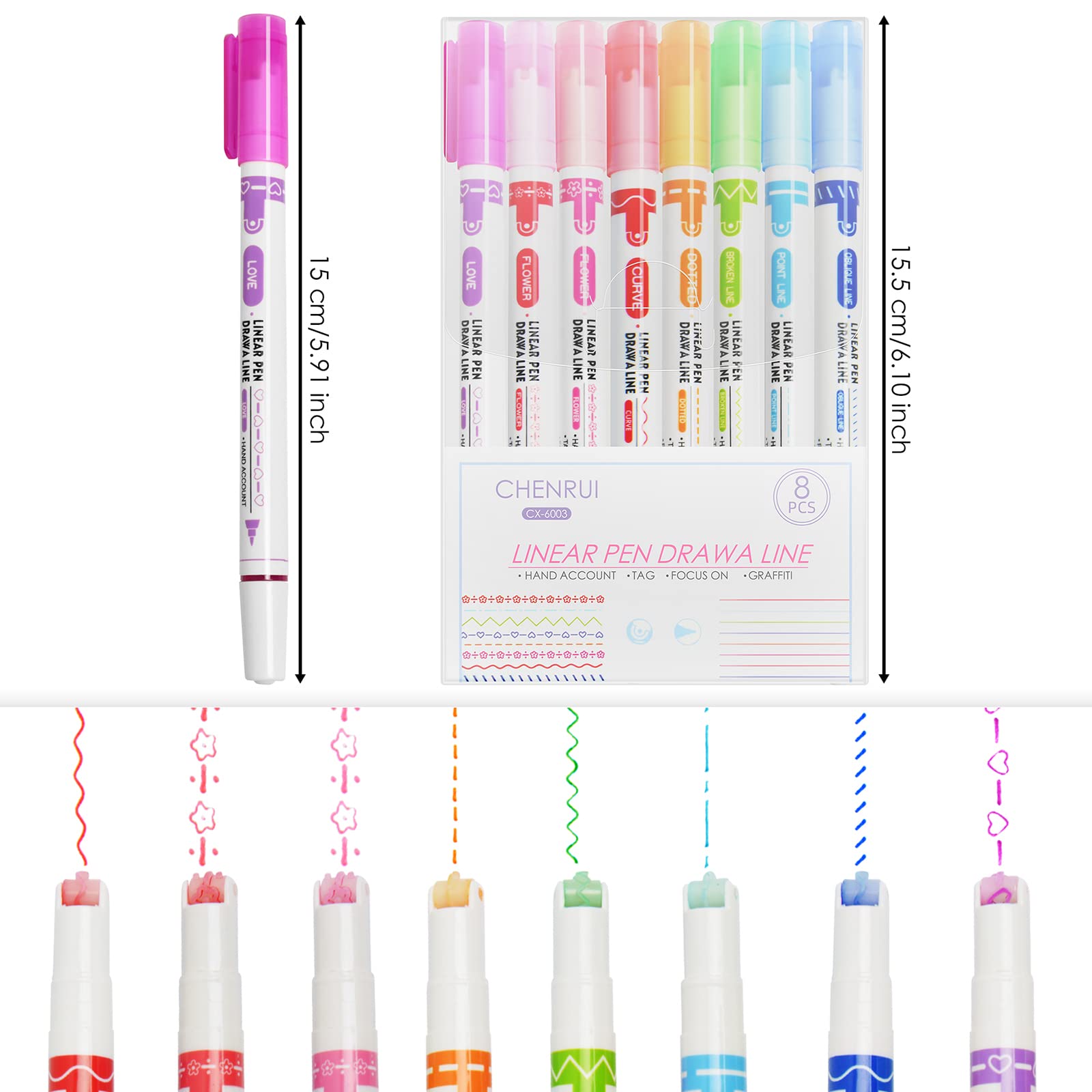 AECHY Penne Curve A Doppia Punta, Set Da 8 Colori, 6 Tipi Di Linee (cuore, Onda, Fiore), Punta Fine 0.4 Mm, Per Bullet Journal, Appunti E Disegni