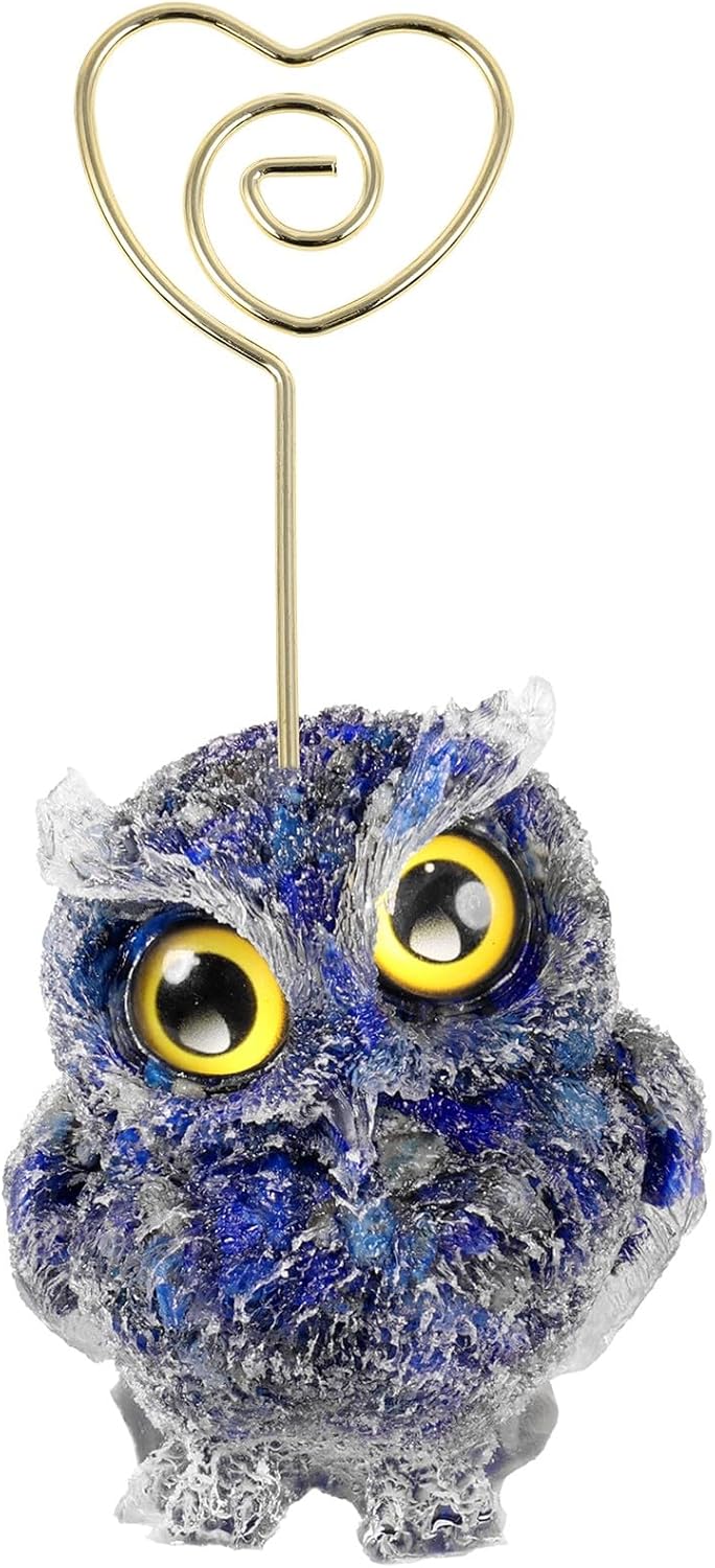 rockcloud Natural Lapis Lazuli Crystal Owl Table Card Holder Heart Shaped Cute Animals Resin Table Number Holder for Wedding Home Office Decoration