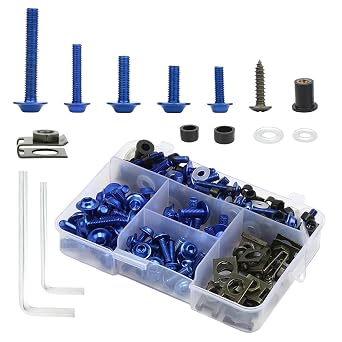 Motorcycle Fairing Bolt Kit, M5 M6 Aluminum Windscreen 177 Pcs Screws Mounting Kits Washers Nuts Screws Assortment Replacement for Kawasak Suzuki Honda Ducati Yamaha BMW GSXR Modified PartsBlue