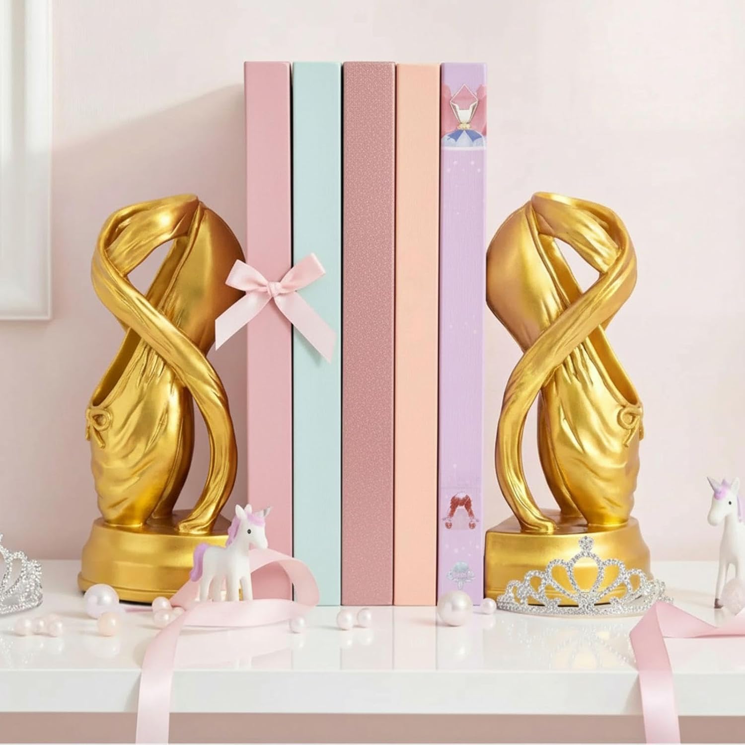 1 Set Gold Ballet Shoe Bookends for Shelves, Resin Ballet Slipper Bow Decorative Bookends with Non-slip Pad for Book Lovers Ballerina Dancers Heavy Book Holder for Room Home Office Decoration