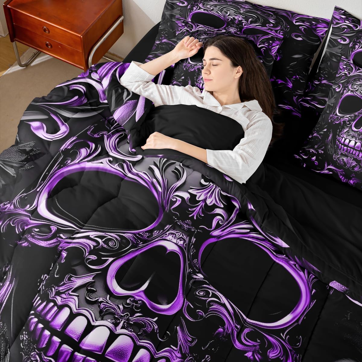 Gothic Bed in a Bag Queen Comforter Set 7 Piece, Purple Skeleton Bedding Sets Sugar Skull Black Damask Comforter and Sheet Set, Retro Exotic Bone Decor, Victorian Decor Halloween Skeleton Decorations
