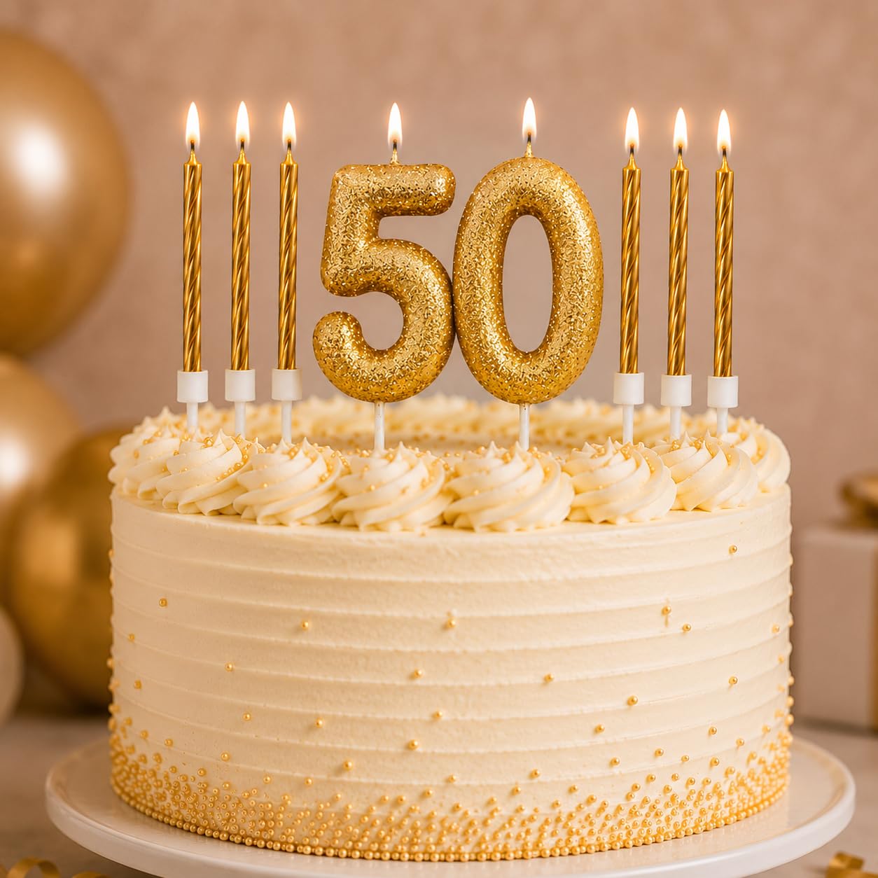 50th Birthday Gold Candle Kit, Glitter Number 50 Candle with 12 Metallic Spiral Cake Candles and Holders, Birthday Cake Decorations, Pack of 13