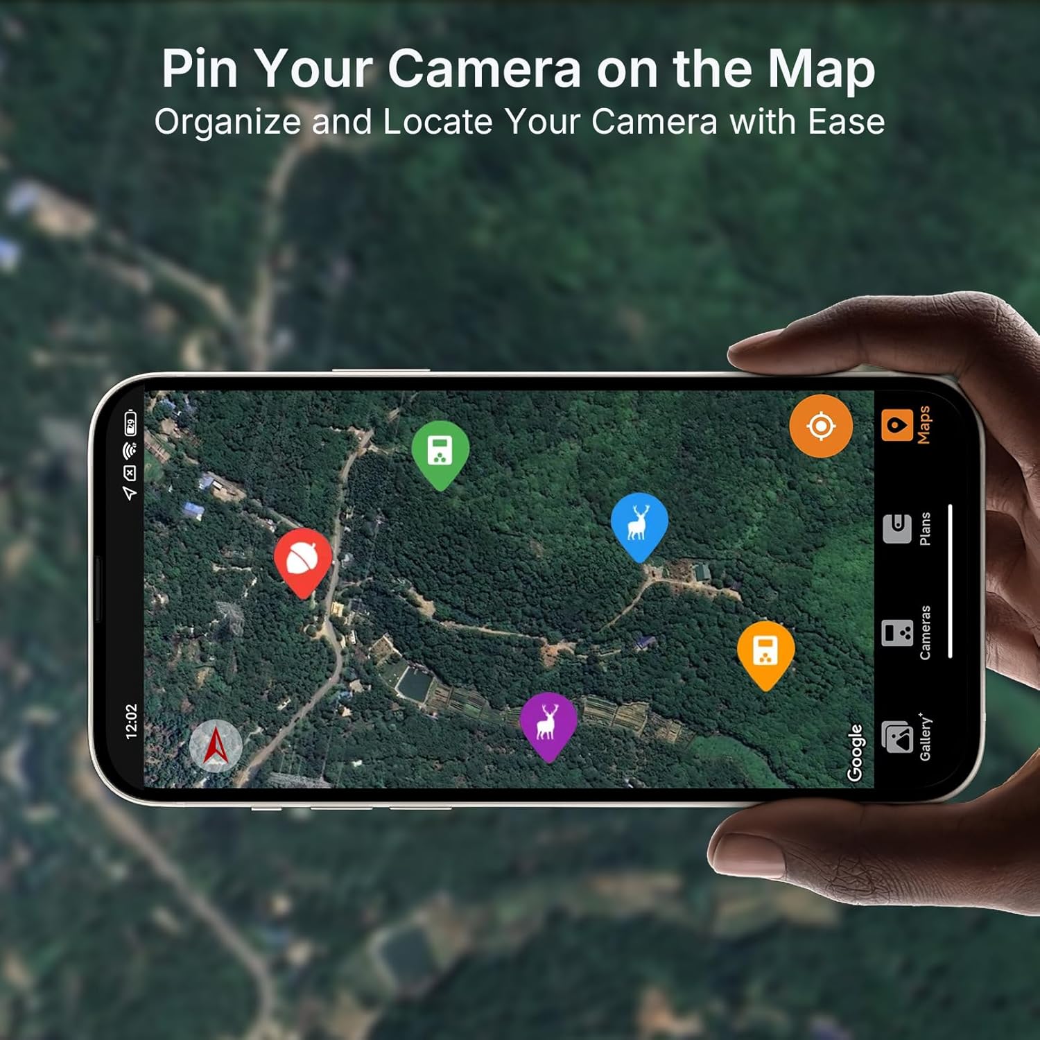 Smartphone displaying a map with pinned camera locations.