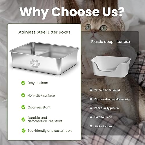 Miniatura 7 de Caja de arena de acero inoxidable para gatos, bandeja de arena de metal para gatos, herramienta de limpieza para gatos grandes y pequeños, conejos,