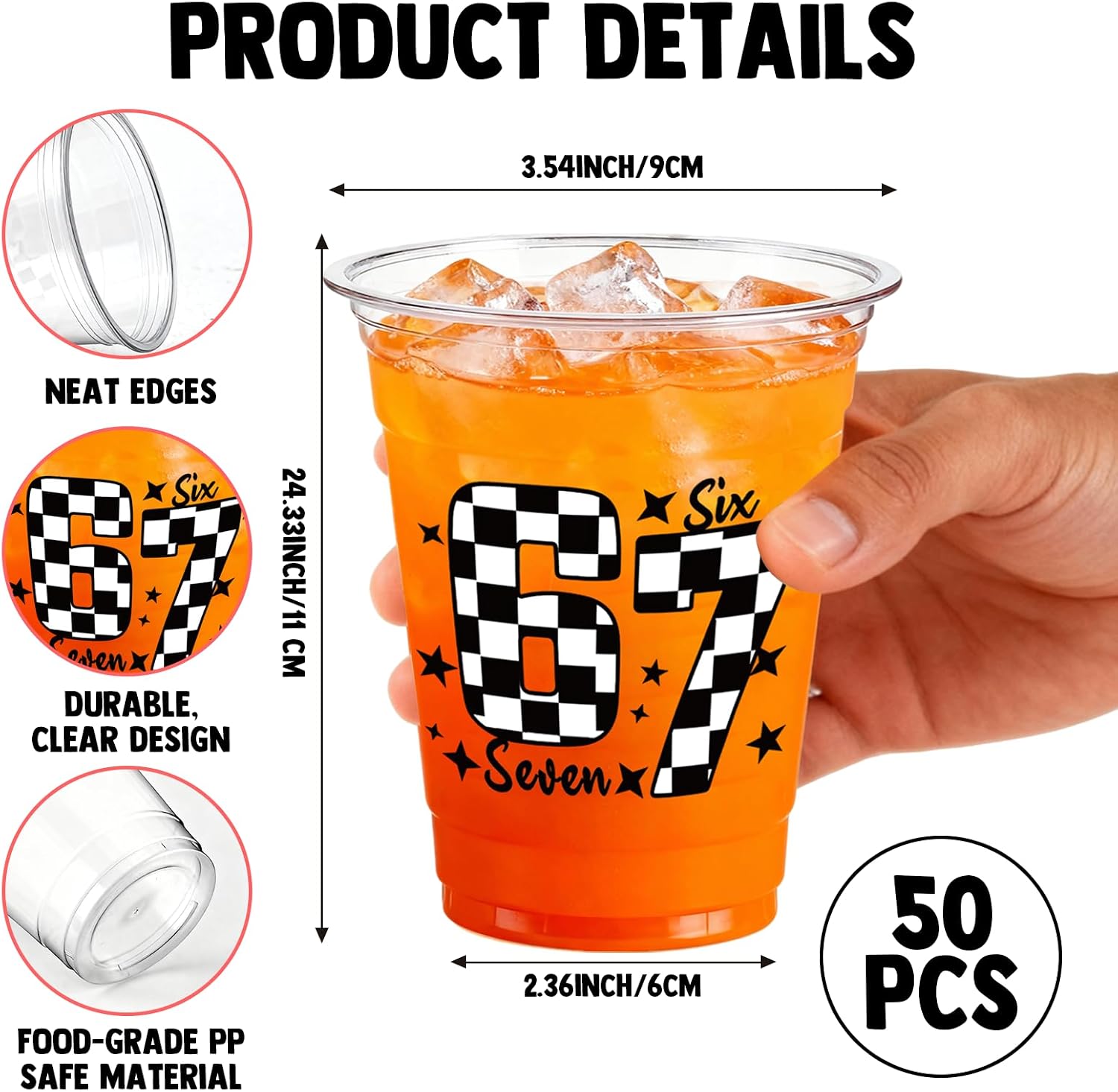 67 Checkered Funny Plastic Cups - 50pcs 12 oz Six Seven Themed Disposable Cups, Clear Party Cups for Events & Gatherings, Birthday Party Decorations, Celebrations