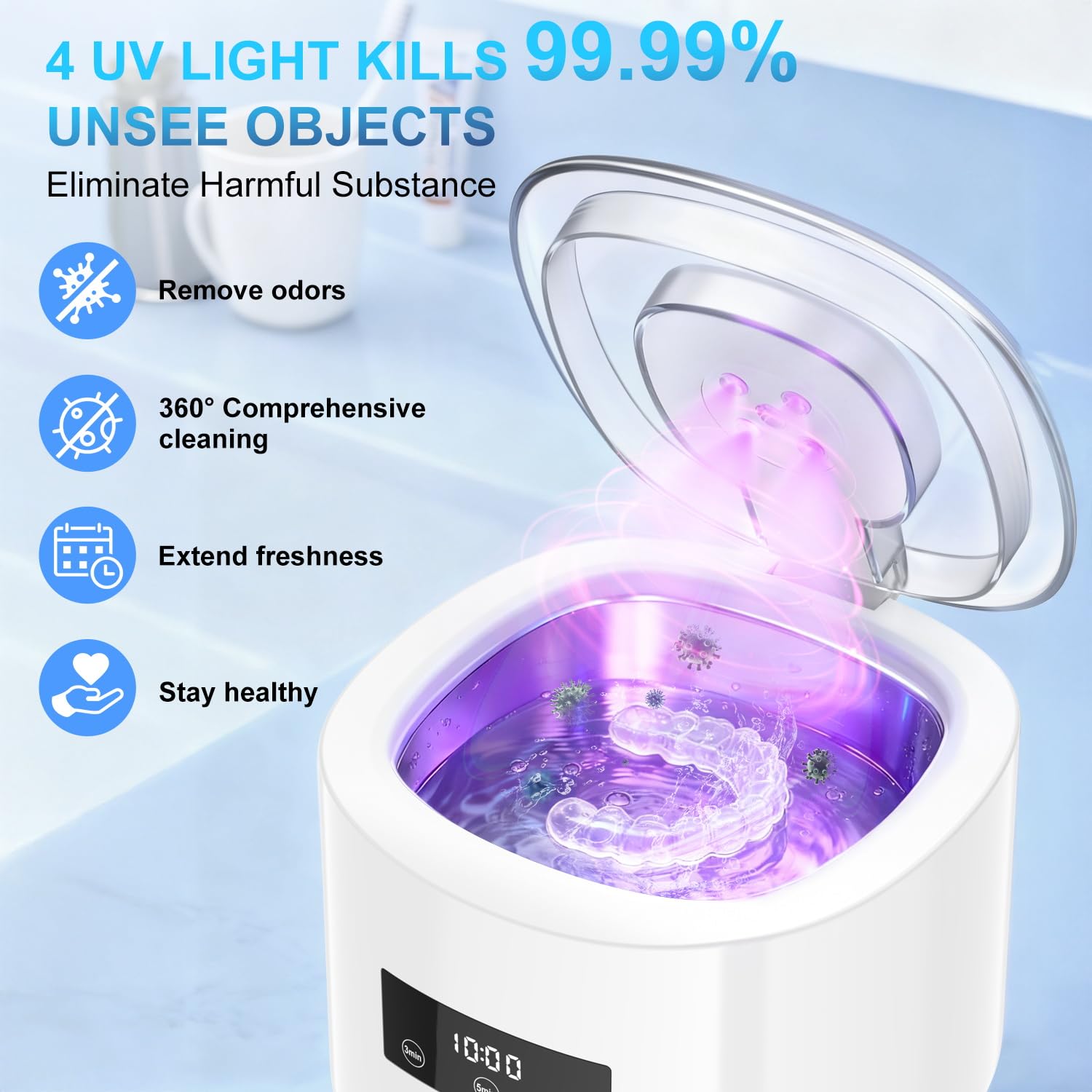 Ultraschallreinigungsgerät 50kHz, 2000mAh Ultrasonic Cleaner mit UV-Lampe | Wiederaufladbar über 2000-mAh-Akku, UV-Lampe zur Sterilisation, 230 ml für Zahnersatz, Zahnbürstenkopf & Schmuck