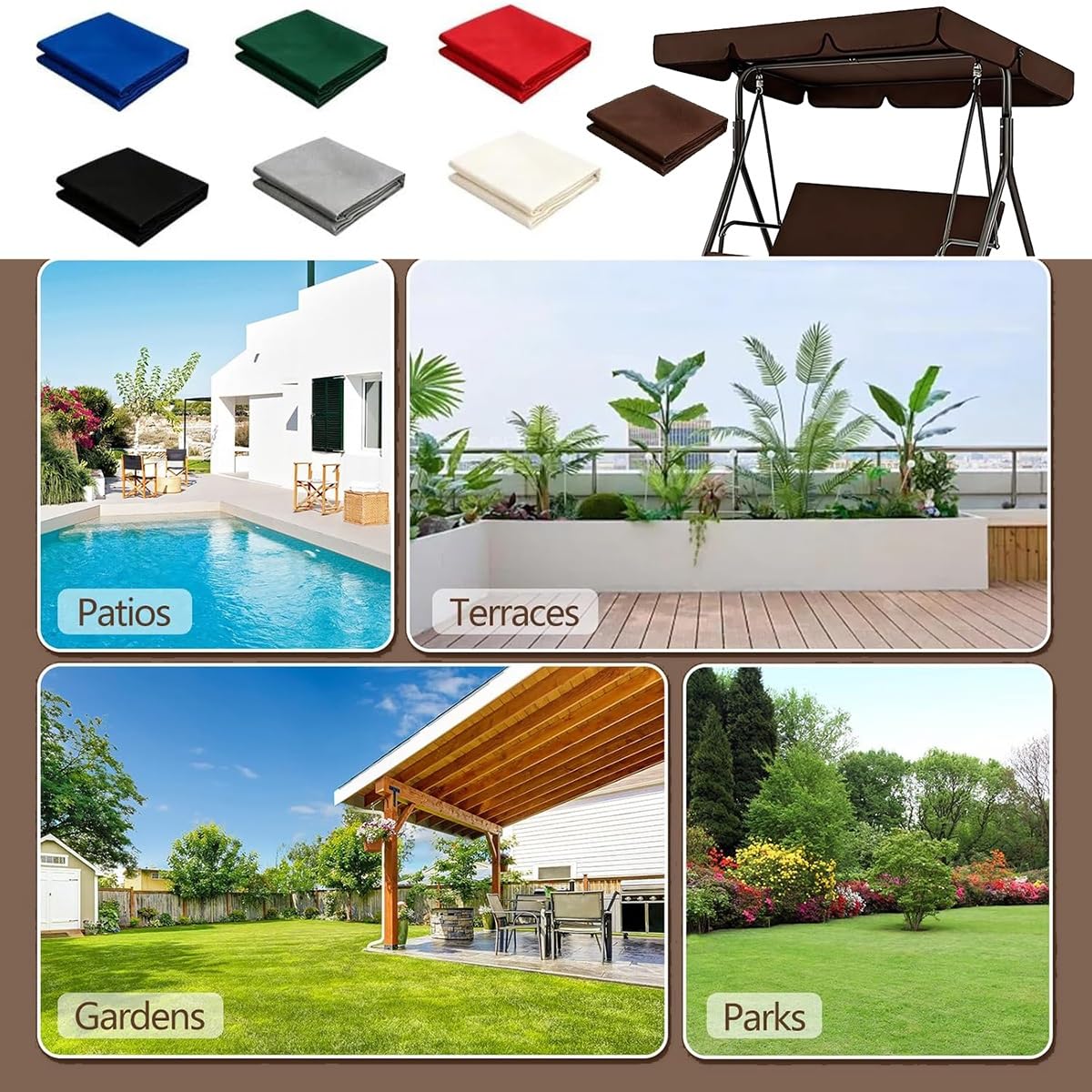 Housse de Toit de Rechange pour Balancelle de Jardin à 2 ou 3 Places, Toile de Remplacement pour Balancelle en Polyester Imperméable et Anti-UV(Gray,190x132x15cm)