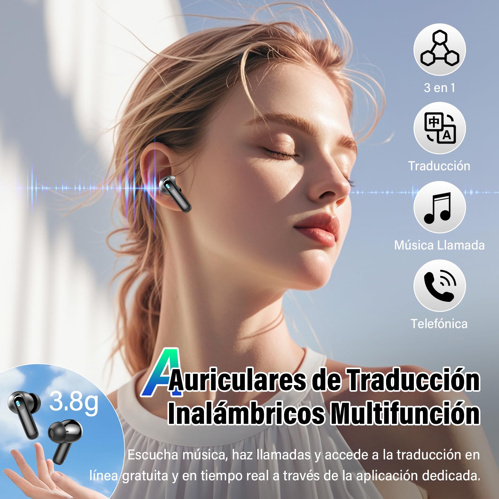 Auriculares Traductor en Tiempo Real 164 Idiomas Traductor Instantaneo de Voz, Cancelación de Ruido ANC/ENC, 7 Modos Traducción, Pantalla Táctil LED, 48 Horas, Cascos Traductores (Negro azabache)