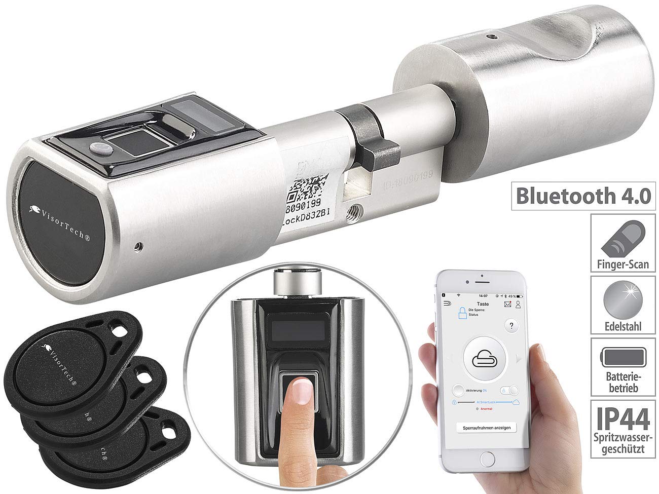 VisorTech Fingerabdruck Türschloss: Elektronischer Tür-Schließzylinder, Fingerabdruck, Transponder, IP44 (Schloss, Türschloss Fingerprint, Türöffner nachrüsten)