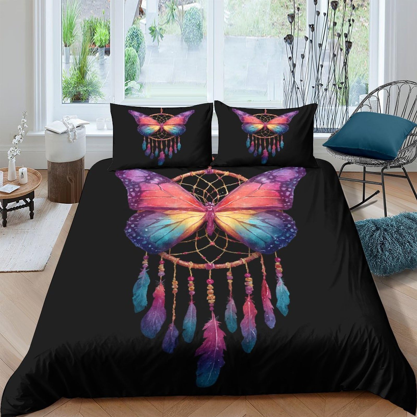 Ctjqhvkz Style-3 3D Printed Butterfly Dreamcatcher Fitted Sheet Microfiber Soft Black Bed Cover Anti-Slip Bedroom Dorm Decorative Mattress Protector Single（135X200cm）