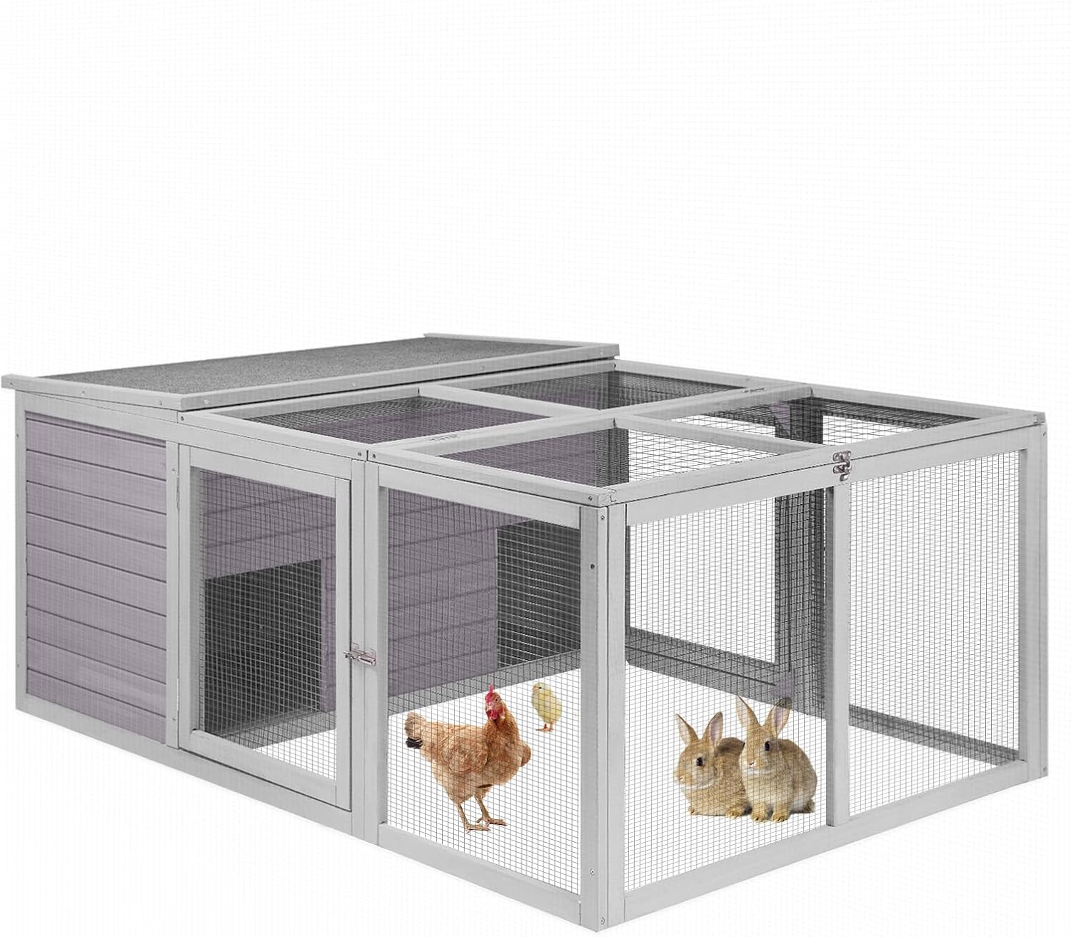 Chicken Coop Rabbit Hutch with Run for Ducks and Guinea Pigs,Wooden Outdoor Bunny Cage with PVC Layer