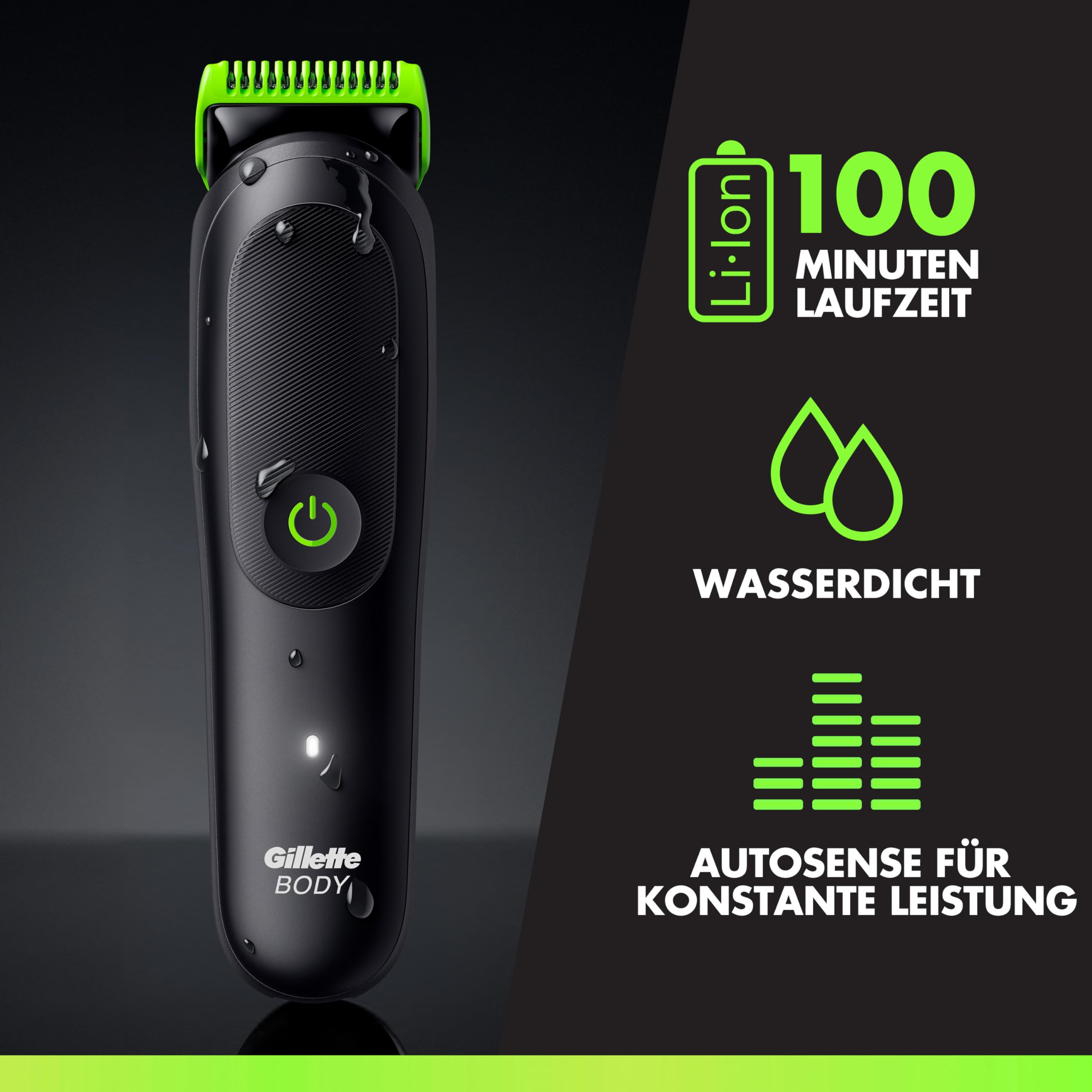 GilletteLabs i5 Body + Intimate Trimmer Herren mit SkinFirst-Technologie — Intimrasierer Mann für Körper & Intimbereich, Wasserdichte — Schwarz/Grün