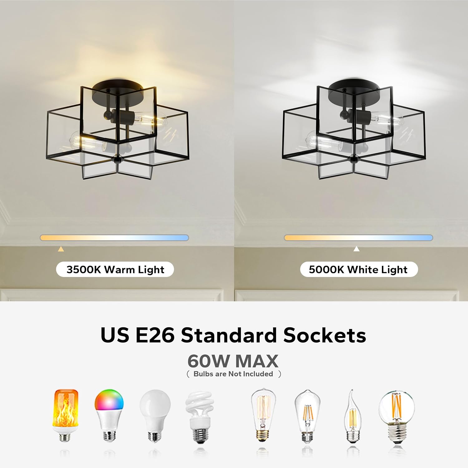 16.3”Star Semi Flush Mount Chandeliers,Brass Star Light Fixture,2-Lights Close to Ceiling Light Fixtures for Bedroom,Dining Room,Kitchen,Office (Black-Hexagon)