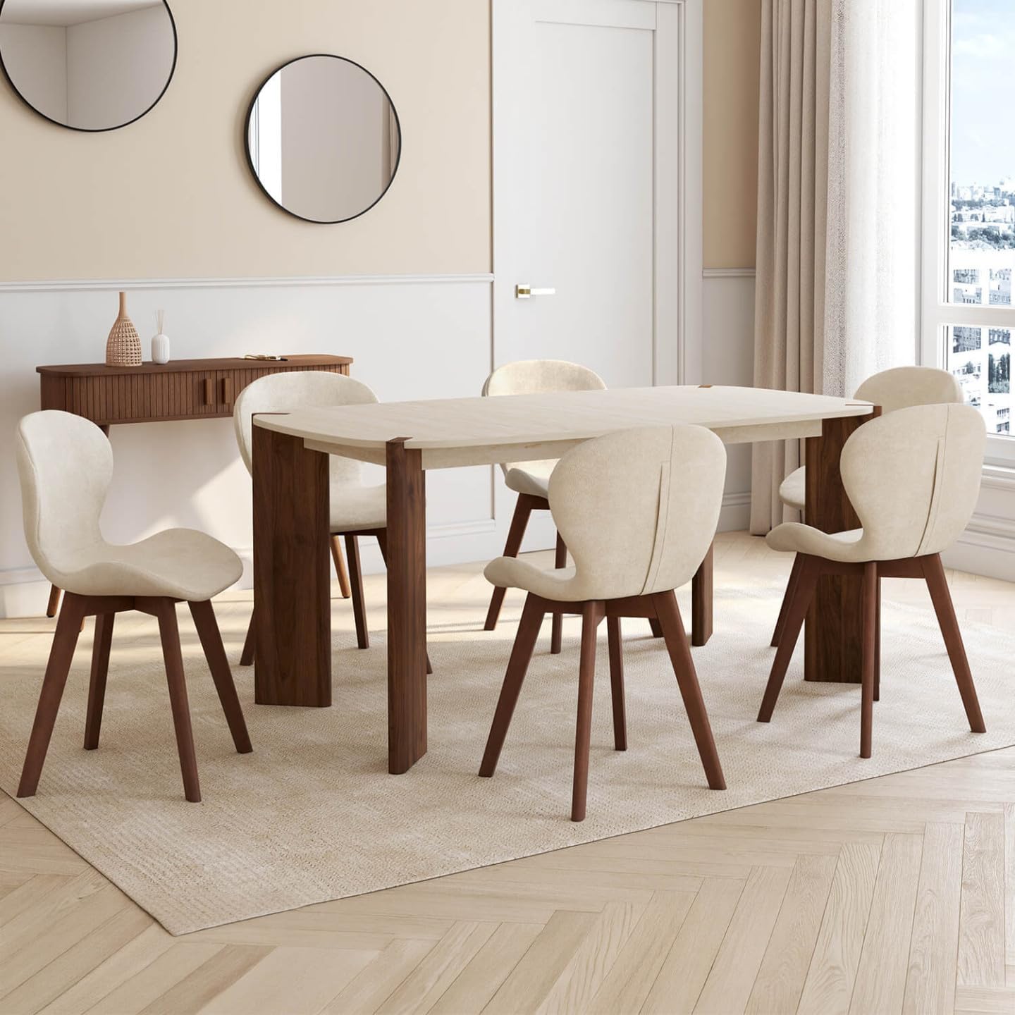IDMarket - Lot de 6 chaises ROBINE en Tissu Chenille Beige Pieds Noyer