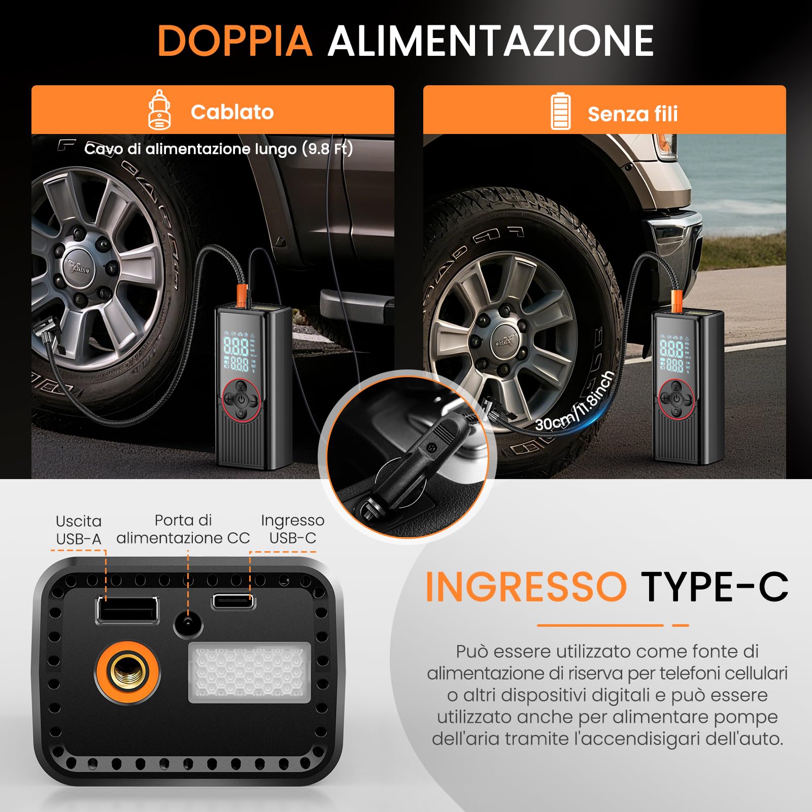 Compressore Aria Portatile Auto 6000mAh, 150PSI Pompa per Bicicletta Elettrica con Tutte le Valvole, Doppio Indicatore di Valore e Luce LED, Gonfia Gomme Auto per Bicicletta, E-Bike,Auto,Moto,Palloni - 4