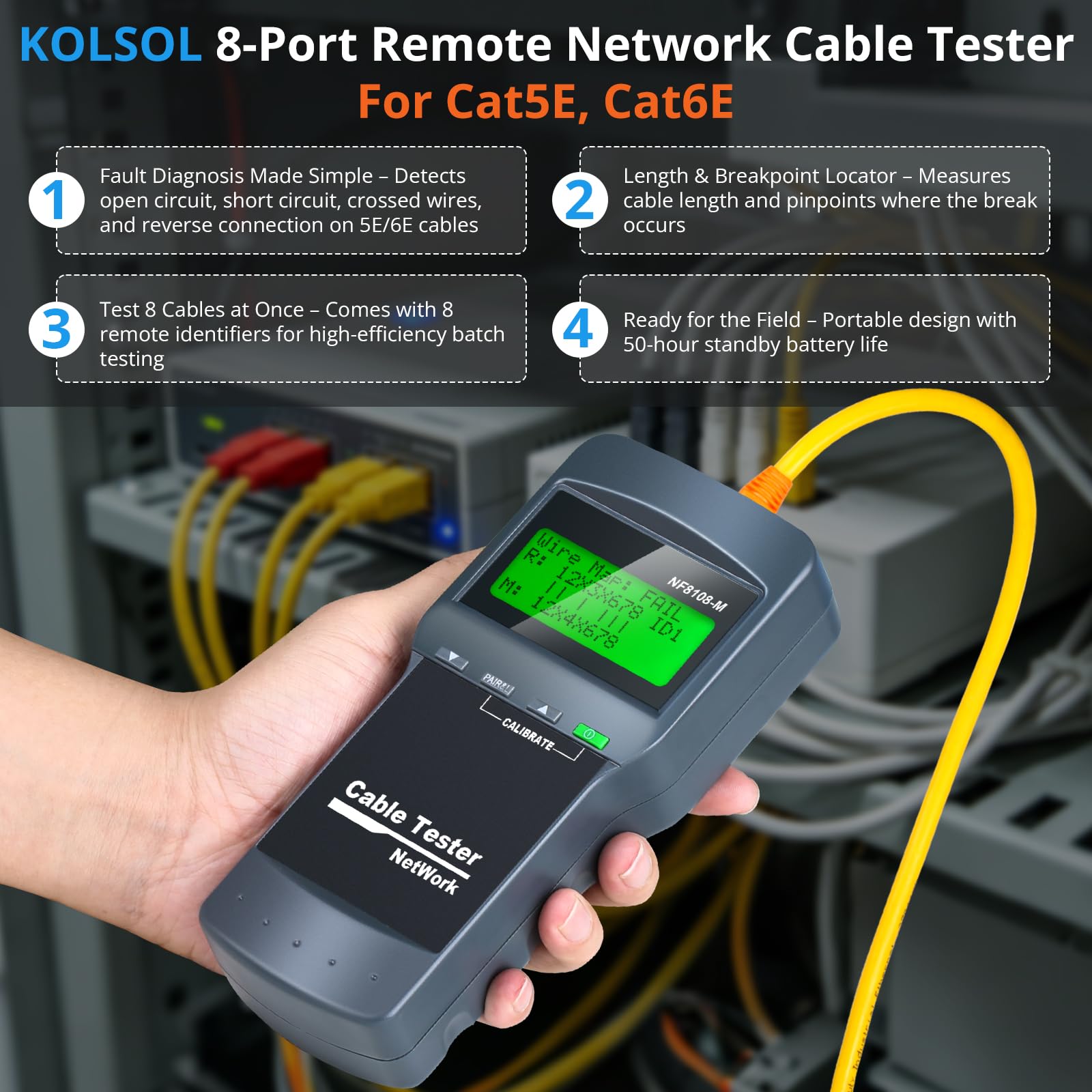 Kit tester per cavi di rete RJ45 con 8 unità remote, misuratore di lunghezza Ethernet LAN per cavi Cat5/Cat5e/Cat6/Cat6e, localizza punto di rottura, misurazione della lunghezza e controllo