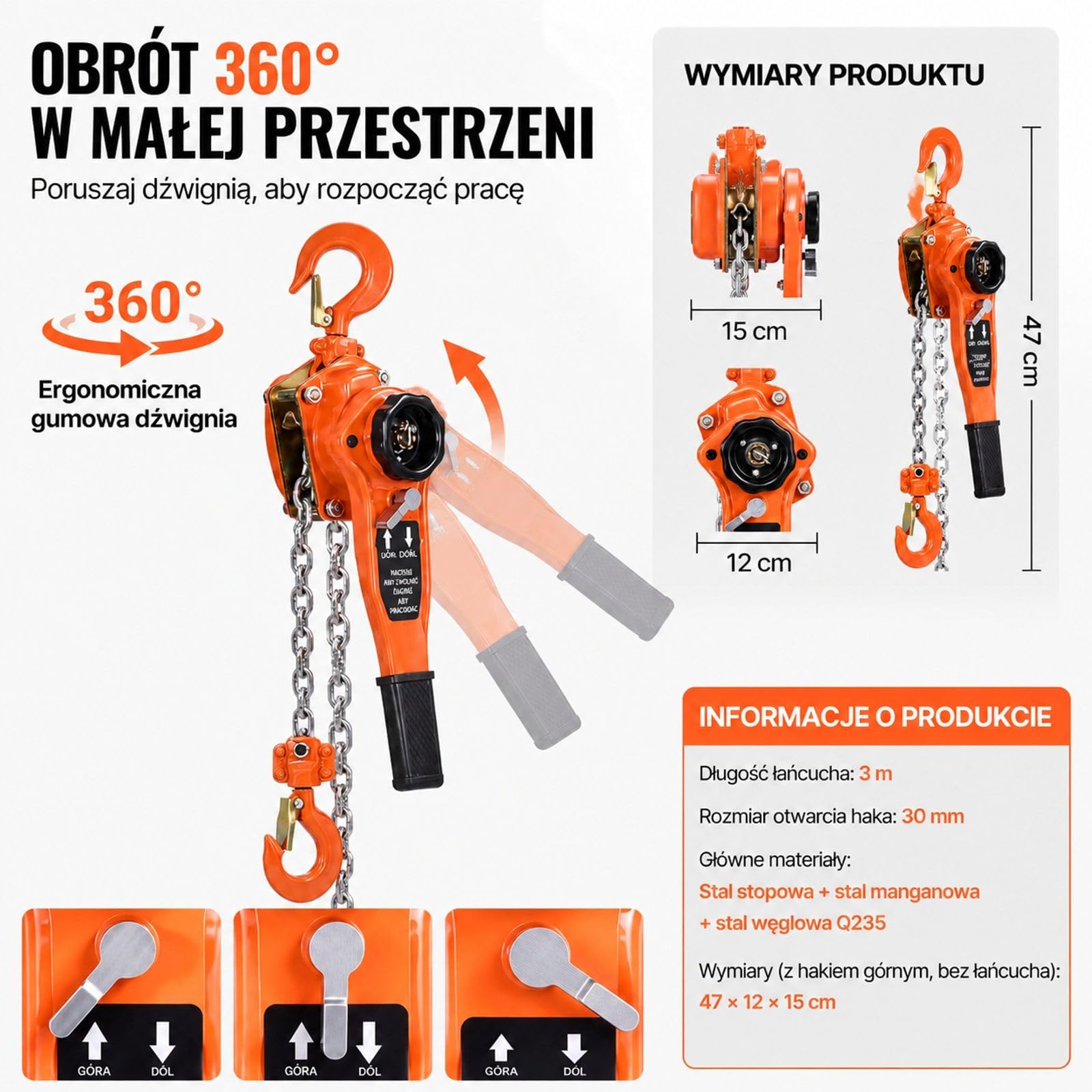 Wciągnik dźwigniowy 1 t, ręczny podnośnik łańcuchowy 3 m ze stali stopowej, podwójna zapadka, haki obrotowe 360 do magazynu budowy garażu